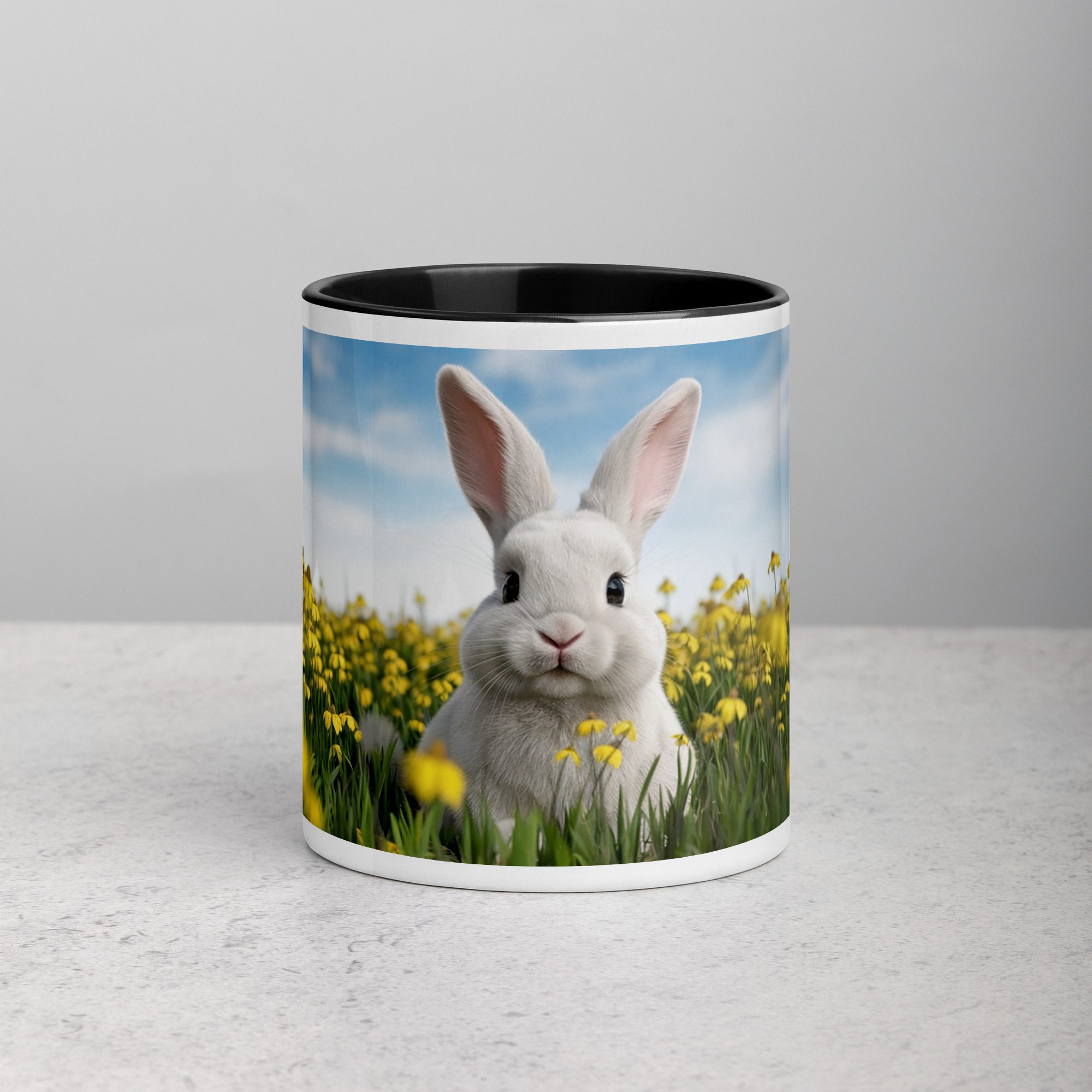 white-ceramic-mug-with-color-inside-black-11-oz-front-670dbcc4c80eb.jpg Bunny with Flowers Coffee Mug & Tea Cup - Image 1