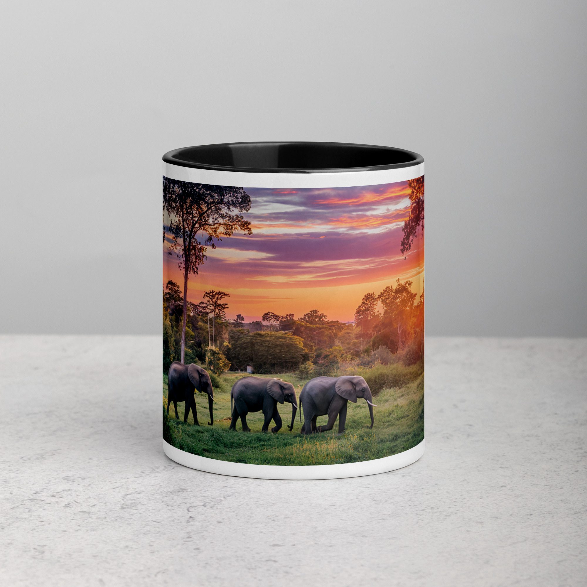 white-ceramic-mug-with-color-inside-black-11-oz-front-67117d1032c3c.jpg Elephant Jungle Sunset Coffee Mug & Tea Cup - Image 1