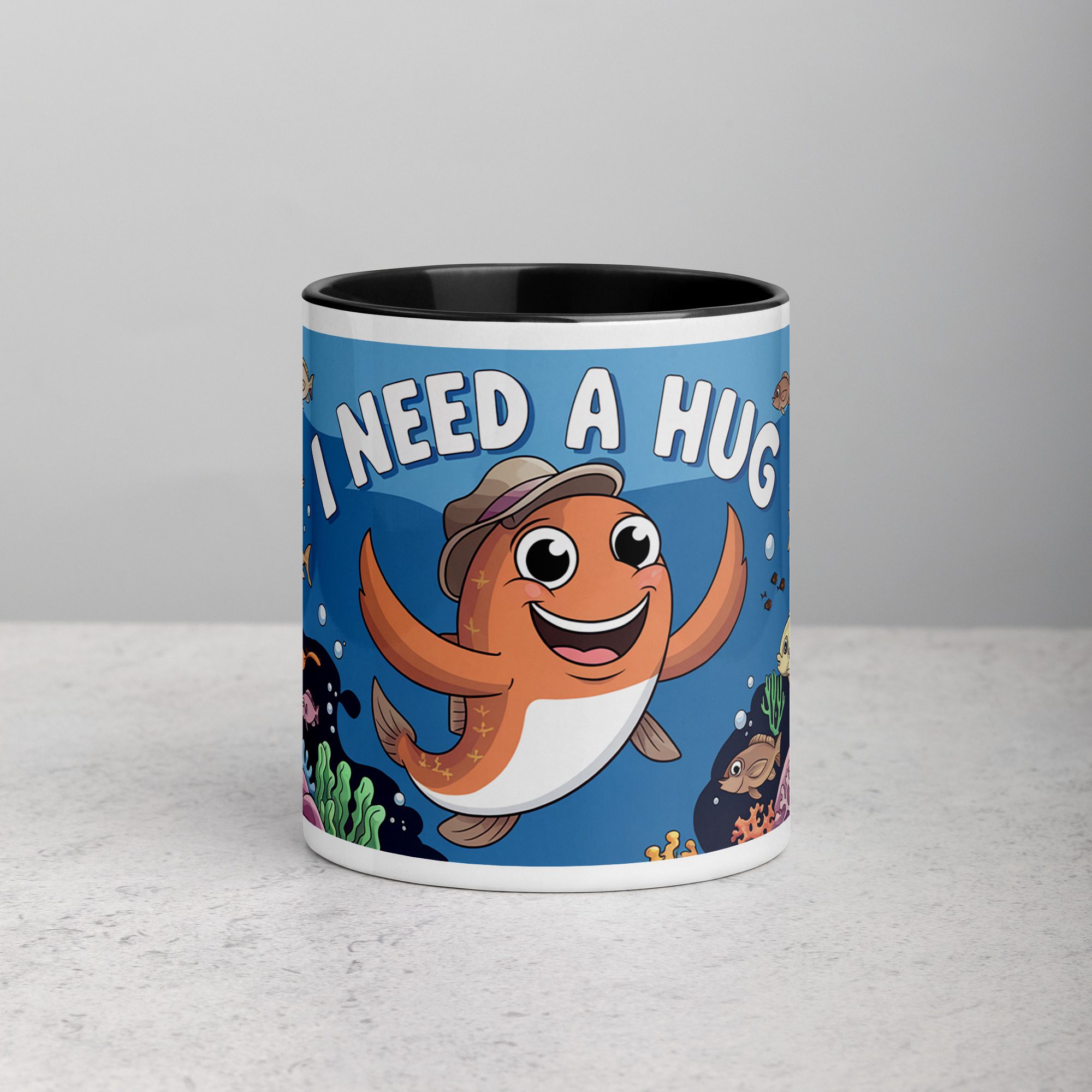 white-ceramic-mug-with-color-inside-black-11-oz-front-6711ec8d3a4ad.jpg I Need a Hug Fish Coffee Mug & Tea Cup - Image 1