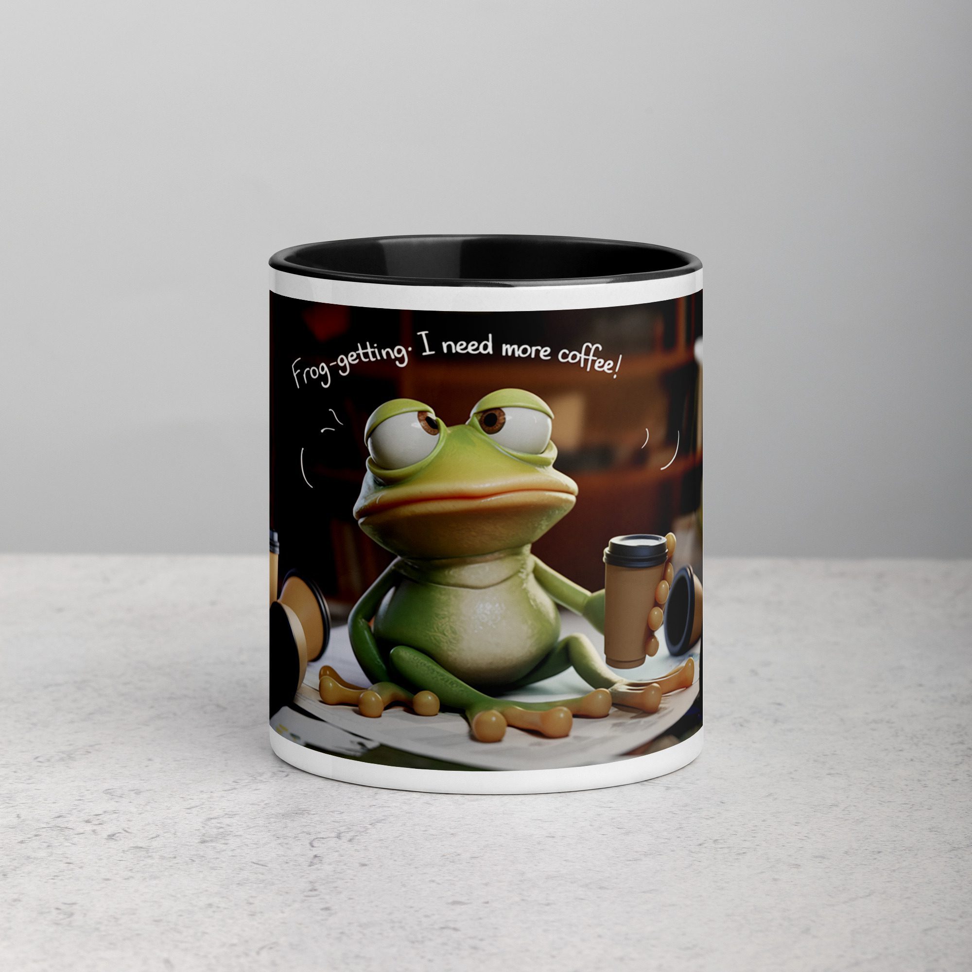 white-ceramic-mug-with-color-inside-black-11-oz-front-67128ca0af996.jpg Frog-Getting I Need More Coffee Mug - Image 1