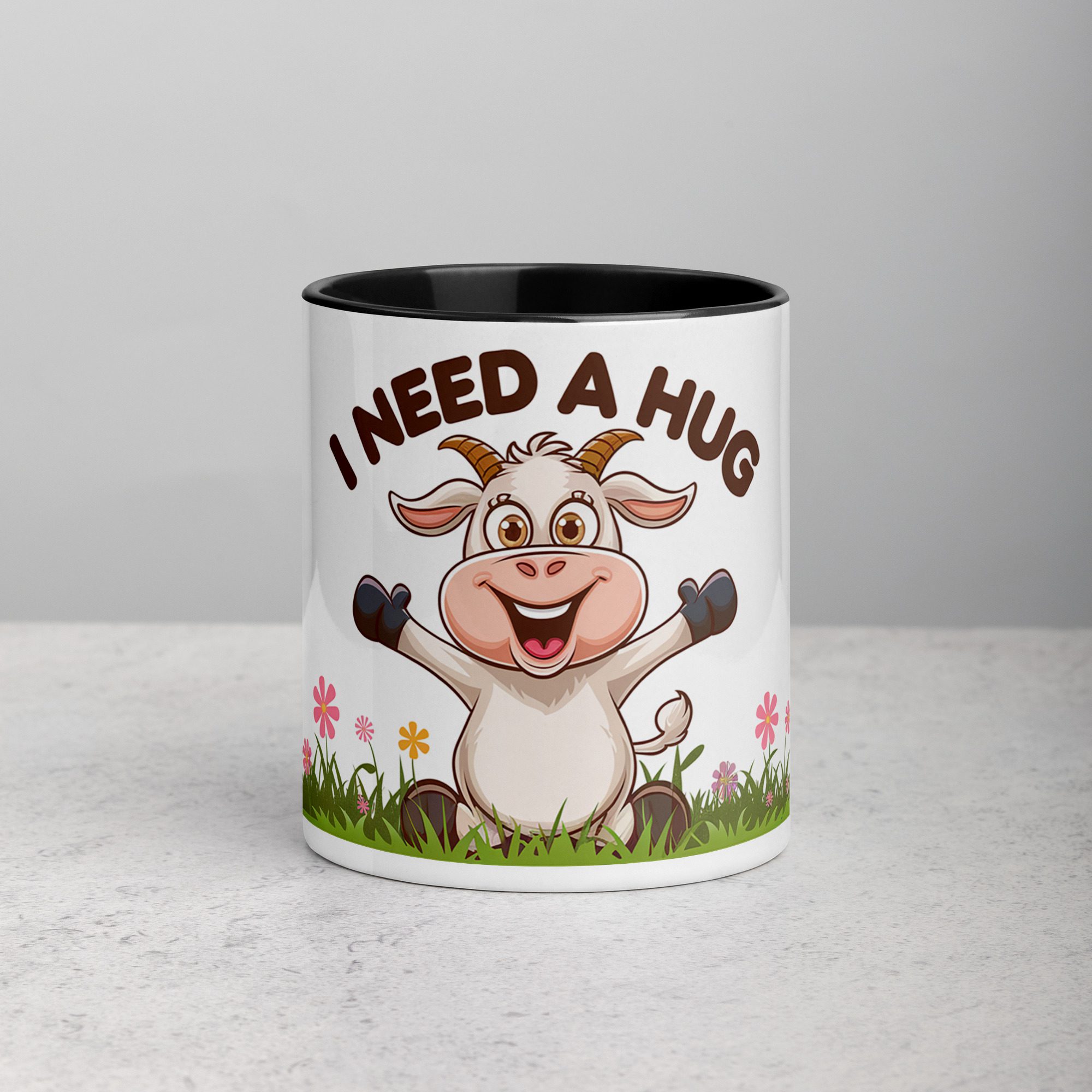 white-ceramic-mug-with-color-inside-black-11-oz-front-6712b2bf8c74f.jpg I Need a Hug Goat Coffee Mug & Tea Cup - Image 1