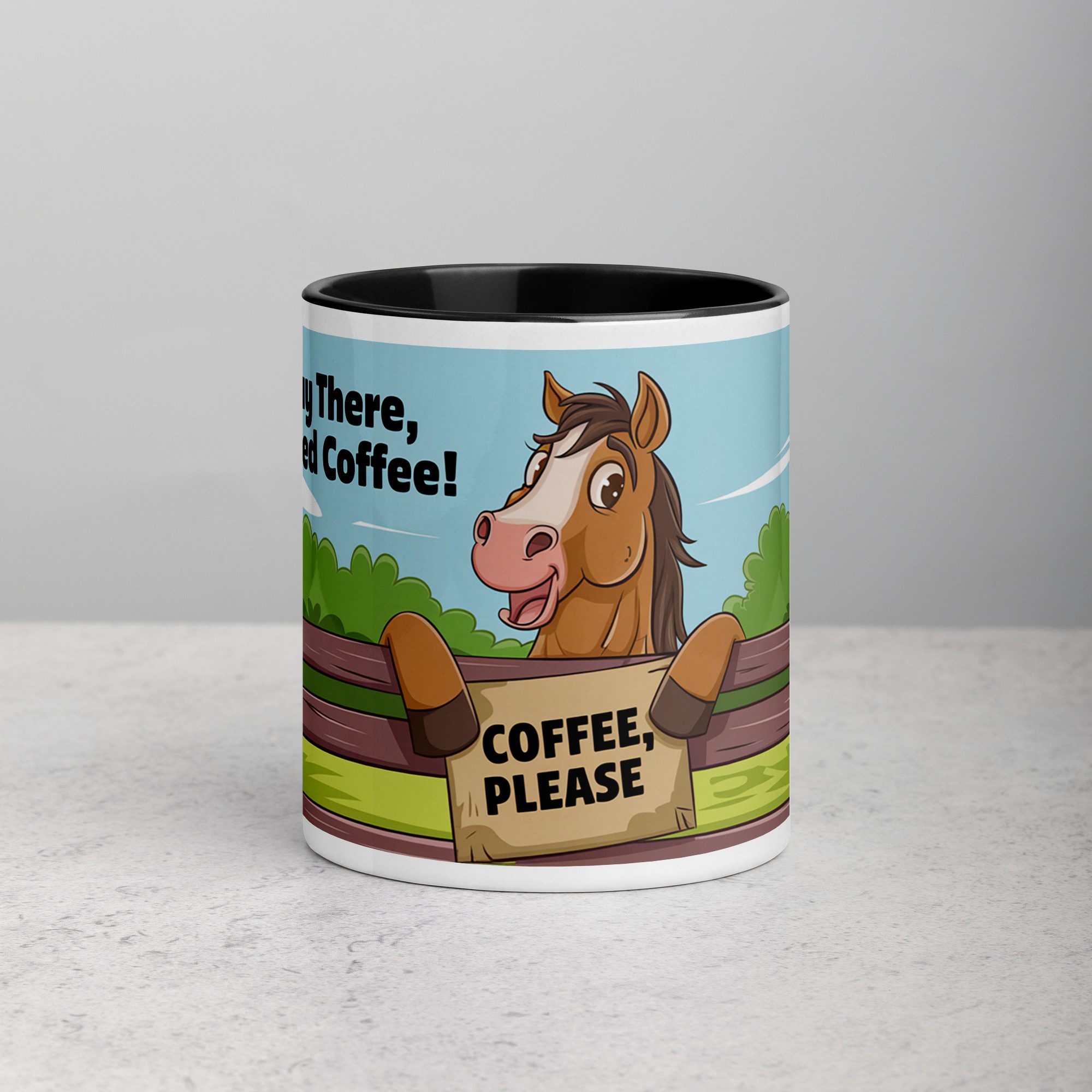 white-ceramic-mug-with-color-inside-black-11-oz-front-6712bdbfe387c.jpg Hay There I Need a Coffee Horse Mug - Image 1