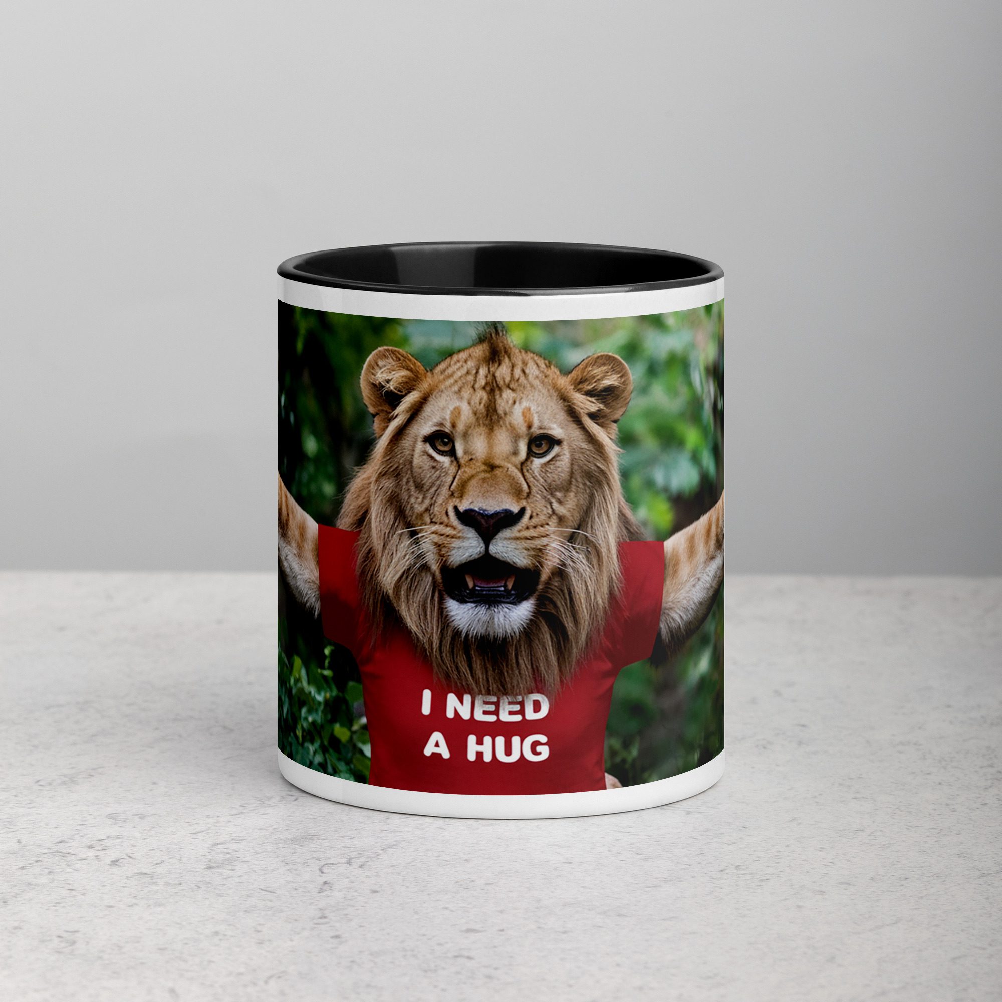 white-ceramic-mug-with-color-inside-black-11-oz-front-67131fe9baf3e.jpg I Need a Hug Lion Coffee Mug & Tea Cup - Image 1
