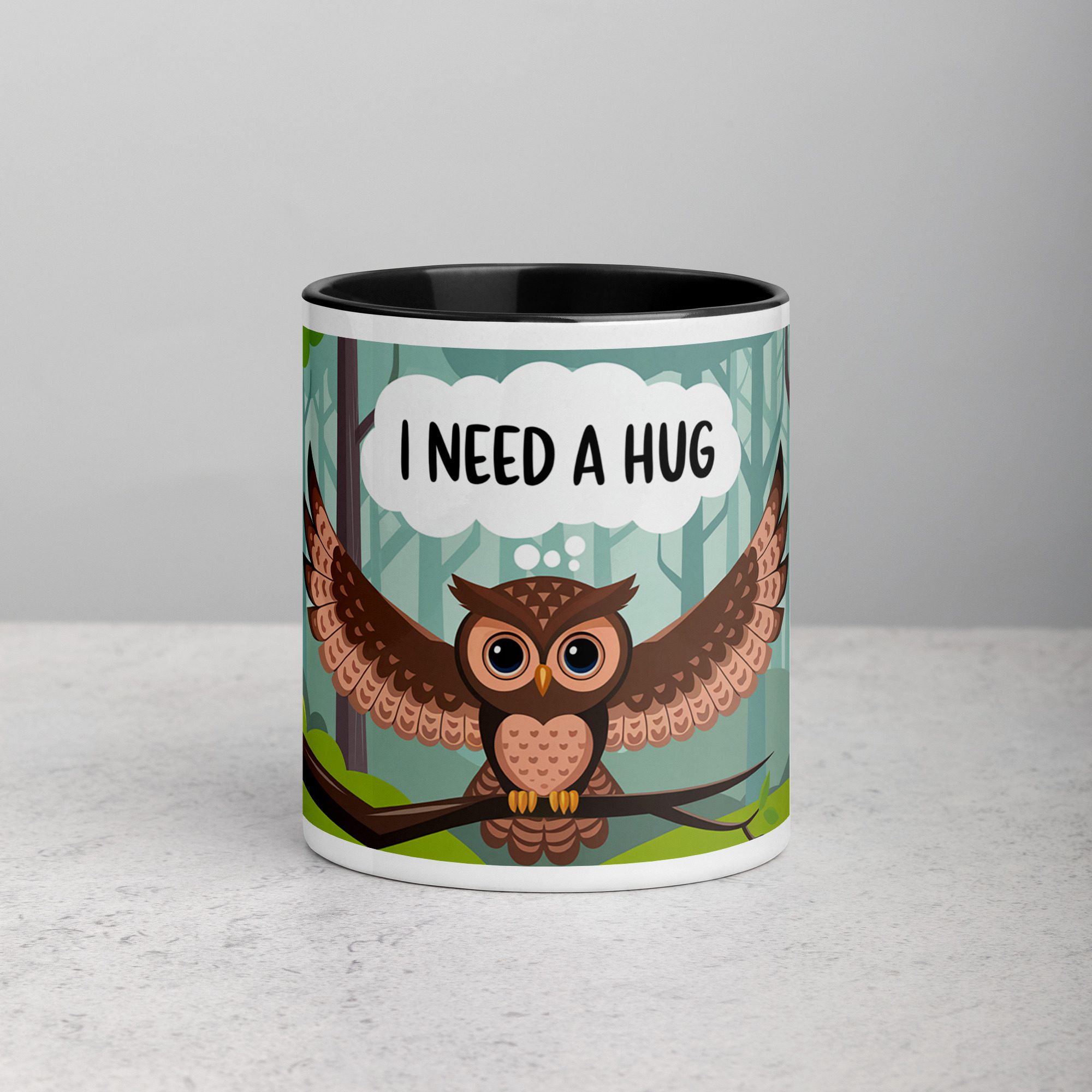 white-ceramic-mug-with-color-inside-black-11-oz-front-67158b13e968b.jpg I Need a Hug Owl Coffee Mug & Tea Cup - Image 1