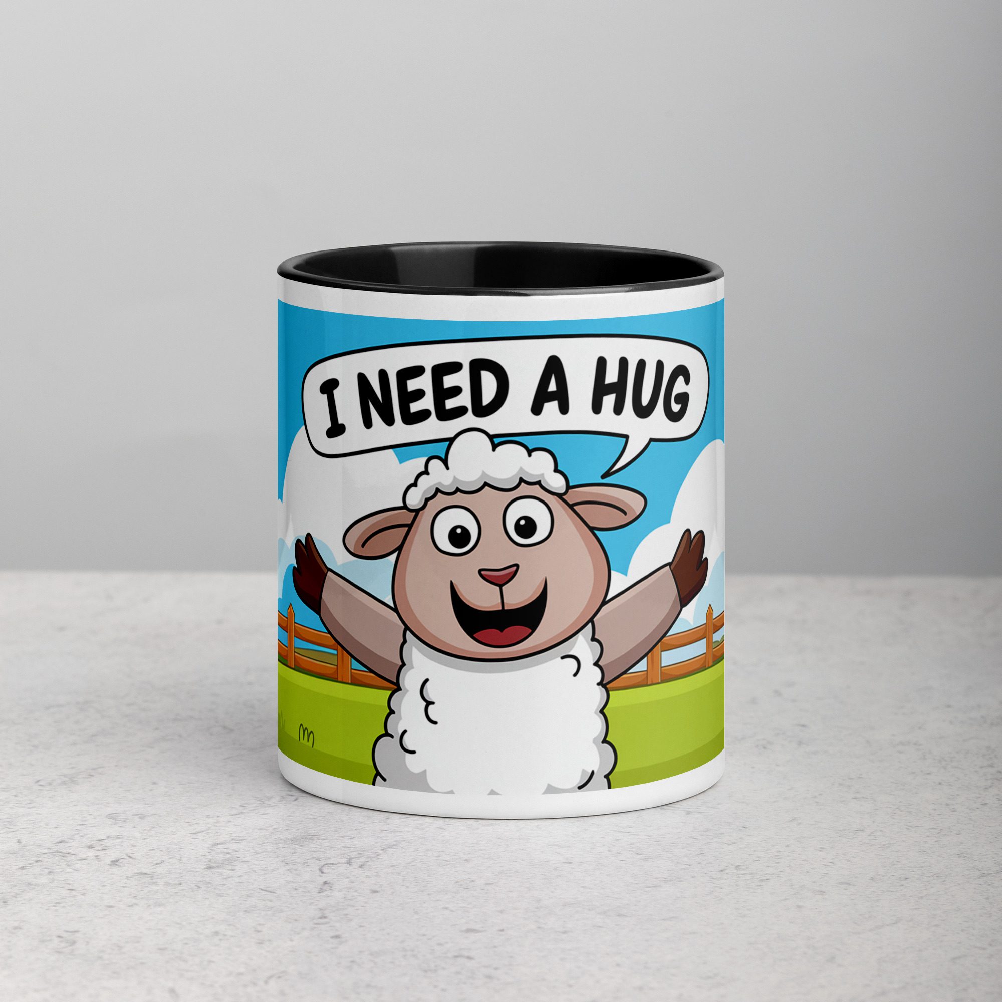 white-ceramic-mug-with-color-inside-black-11-oz-front-6715d6dc25176.jpg I Need a Hug Sheep Coffee Mug & Tea Cup - Image 1
