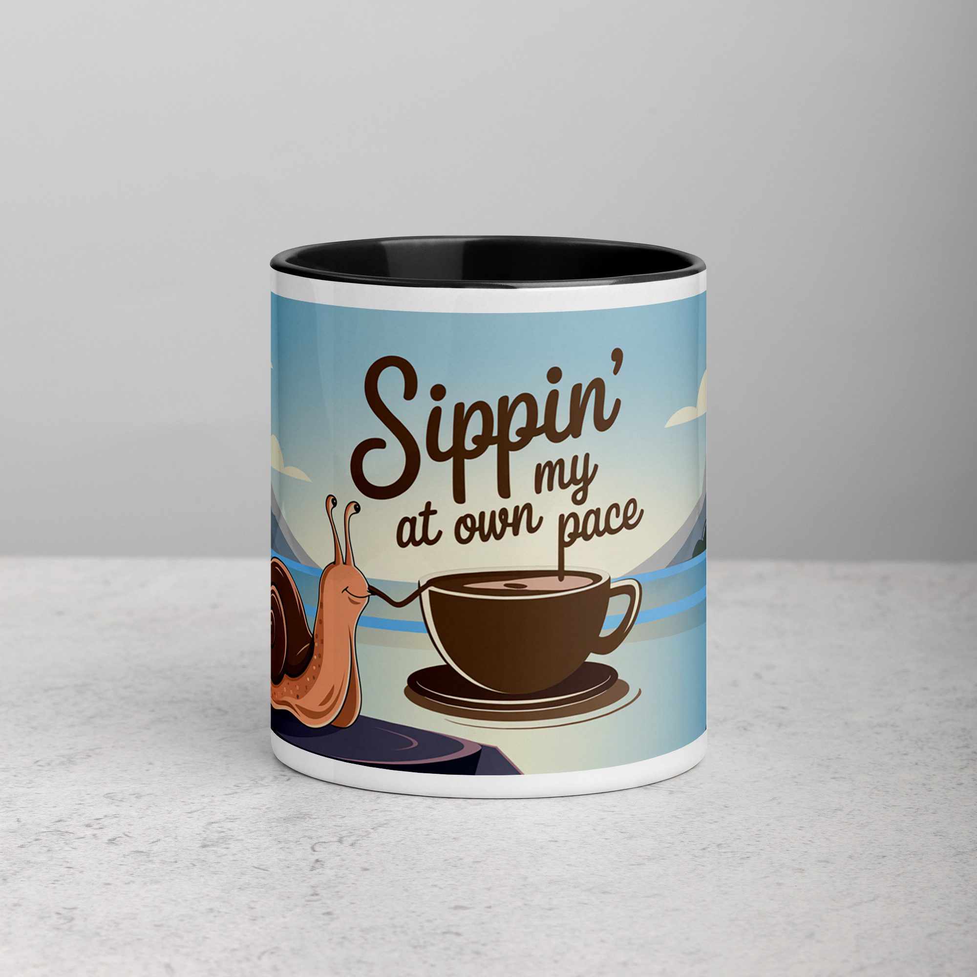 white-ceramic-mug-with-color-inside-black-11-oz-front-6716732e77e0c.jpg Sippin’ at My Own Pace Snail Coffee Mug - Image 1