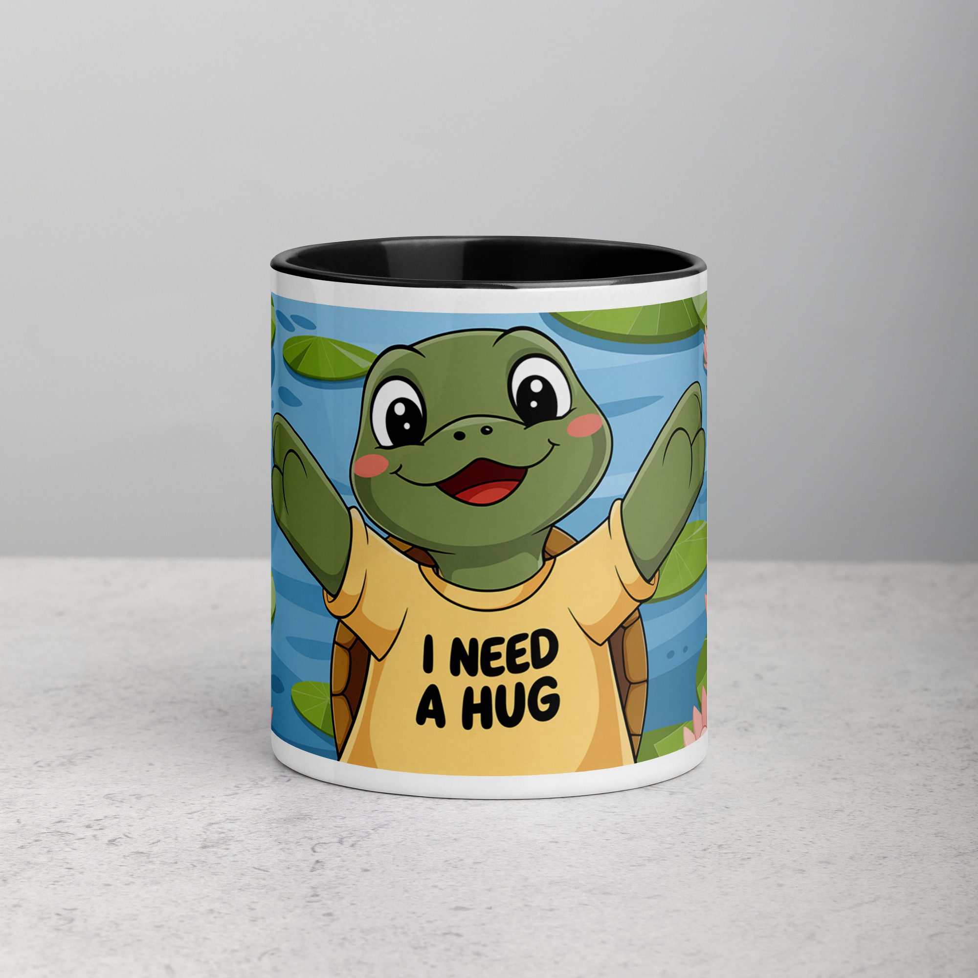 white-ceramic-mug-with-color-inside-black-11-oz-front-67169327bf08c.jpg I Need a Hug Turtle Coffee Mug & Tea Cup - Image 1