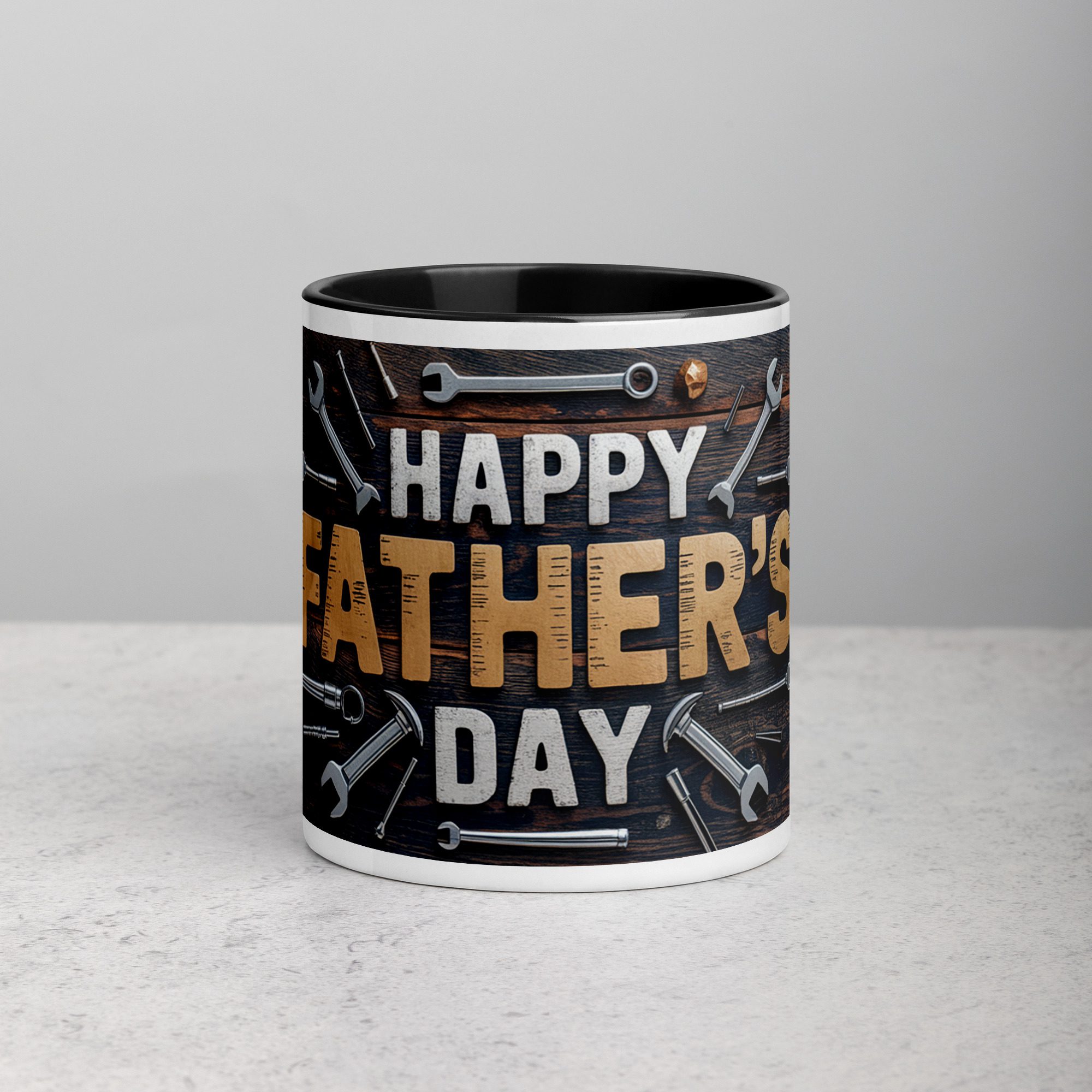 white-ceramic-mug-with-color-inside-black-11-oz-front-67195bf0d62b5.jpg Happy Fathers Day Tool Time Coffee Mug - Image 1