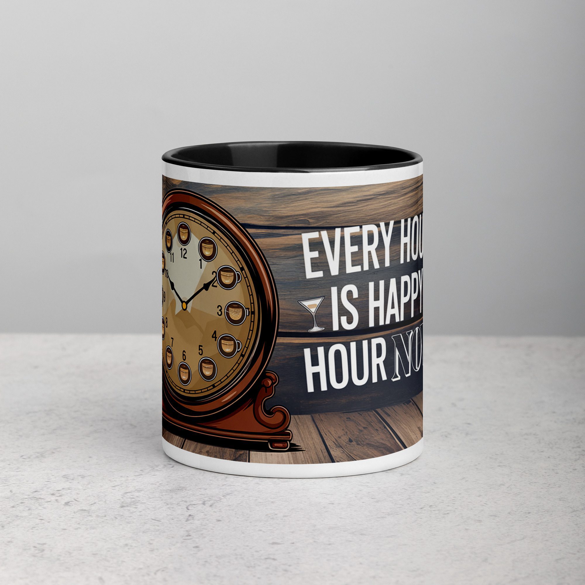 white-ceramic-mug-with-color-inside-black-11-oz-front-671a8889a53c1.jpg Every Hour is Happy Hour Now Retirement Coffee Mug - Image 1
