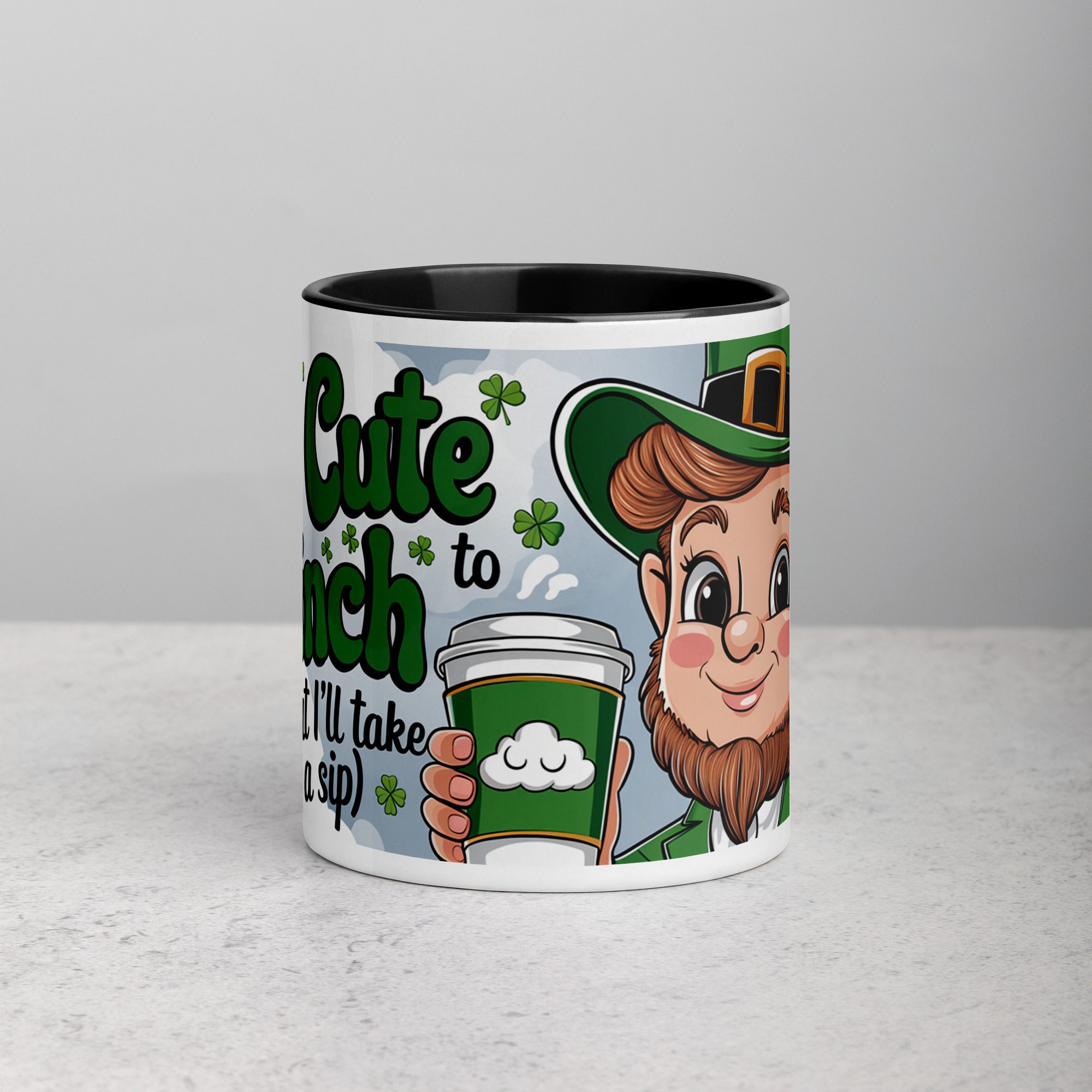 white-ceramic-mug-with-color-inside-black-11-oz-front-671a9dd517145.jpg Too Cute to Pinch Leprechaun (But I’ll Take a Sip) Coffee Mug - Image 1