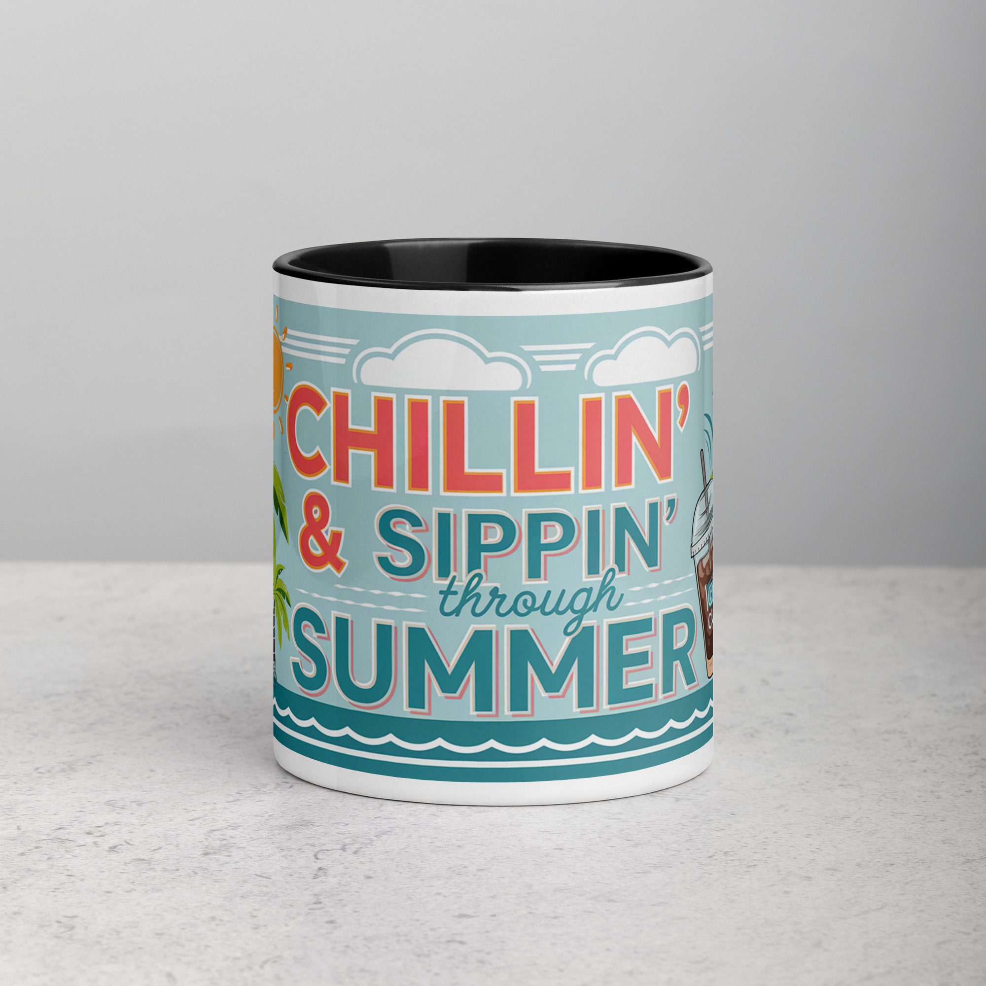 white-ceramic-mug-with-color-inside-black-11-oz-front-671aa71e36f5f.jpg Chillin’ & Sippin’ Through Summer Mug - Image 1