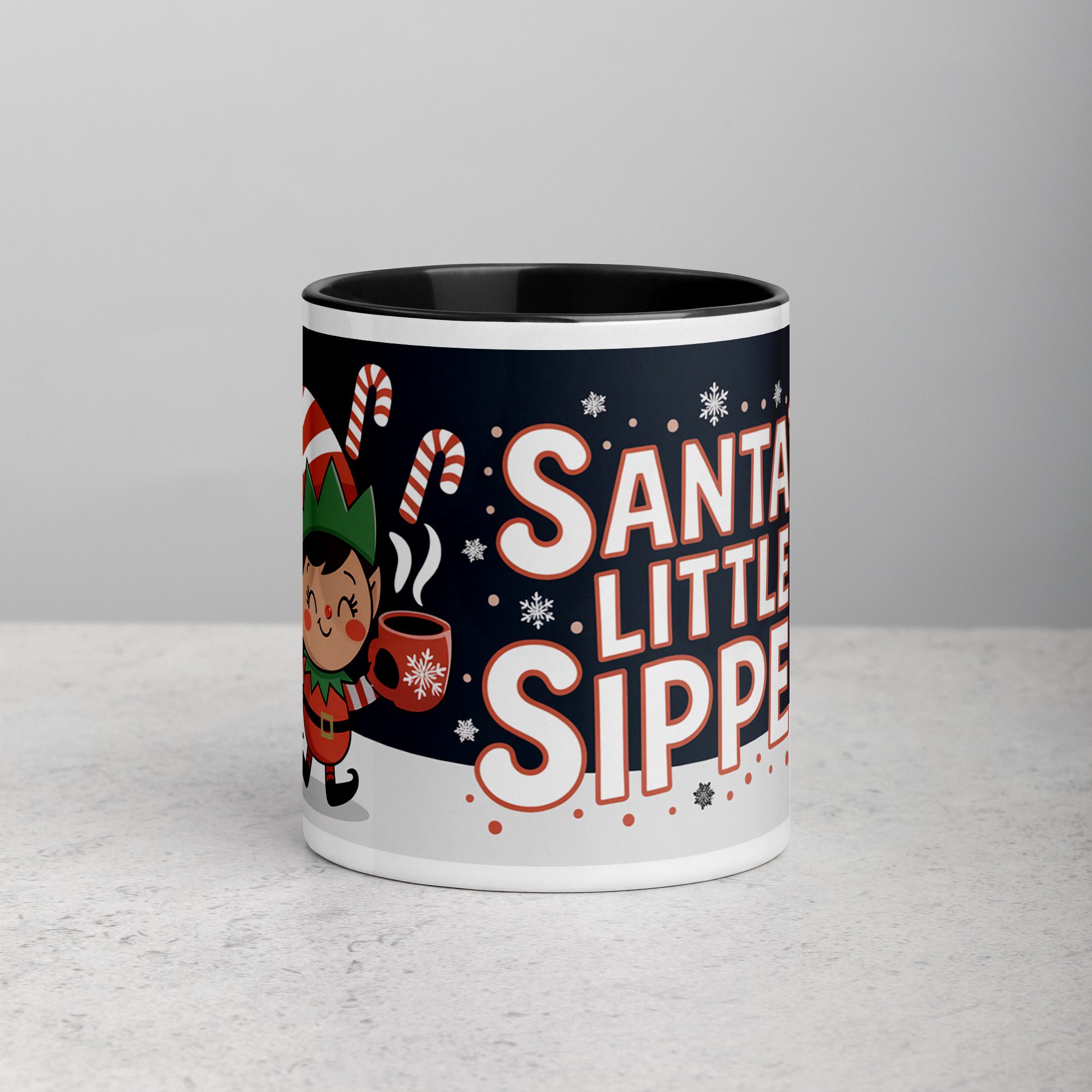 white-ceramic-mug-with-color-inside-black-11-oz-front-671bffe23d068.jpg Santa’s Little Sipper Christmas Mug & Tea Cup - Image 1