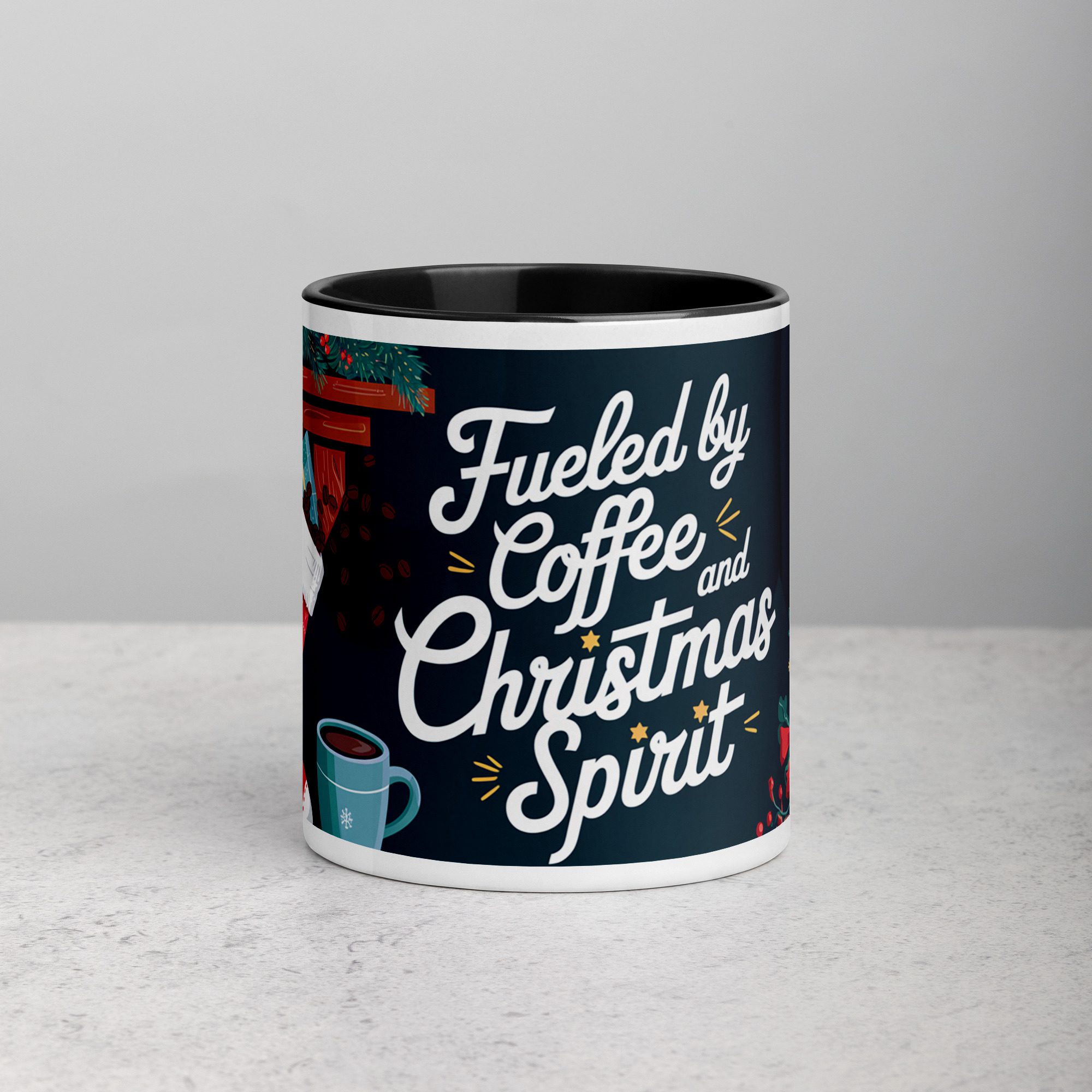 white-ceramic-mug-with-color-inside-black-11-oz-front-671c0027783ab.jpg Fueled by Coffee and Christmas Spirit Mug - Image 1