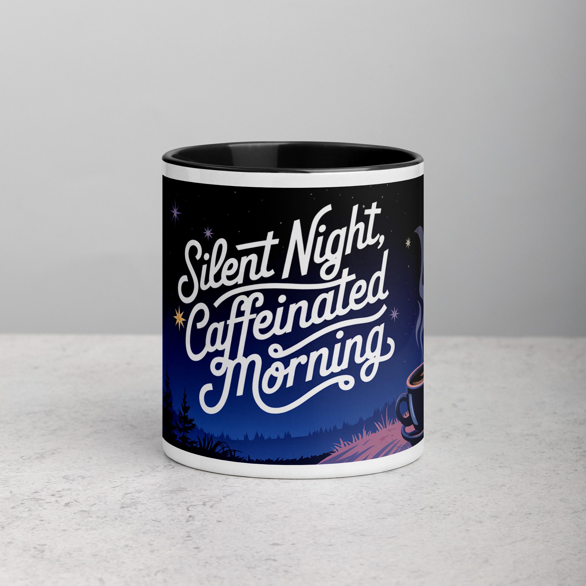 white-ceramic-mug-with-color-inside-black-11-oz-front-671c019cde00c.jpg Silent Night, Caffeinated Morning Coffee Mug - Image 1
