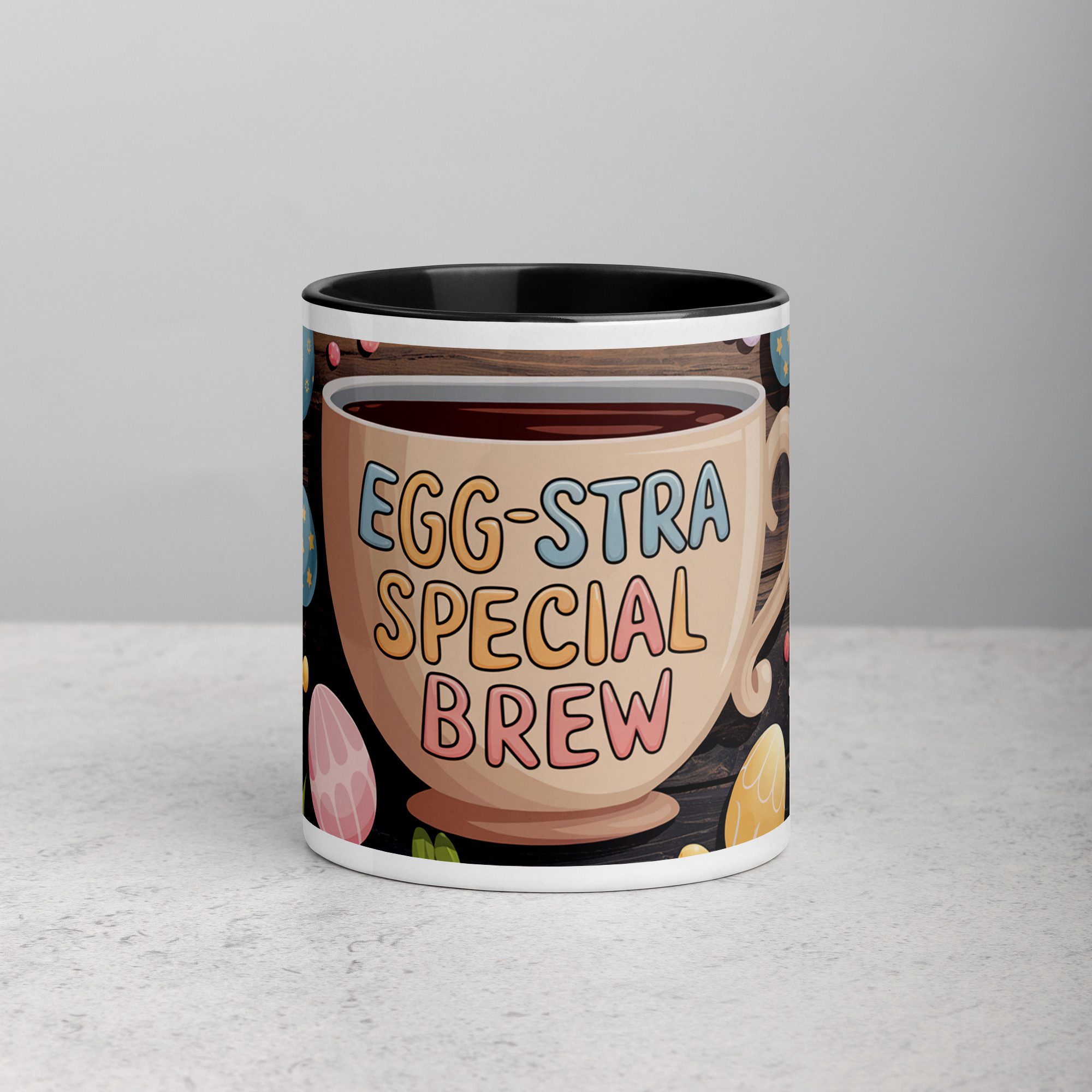 white-ceramic-mug-with-color-inside-black-11-oz-front-671d016957201.jpg Egg-stra Special Brew Easter Coffee Mug - Image 1