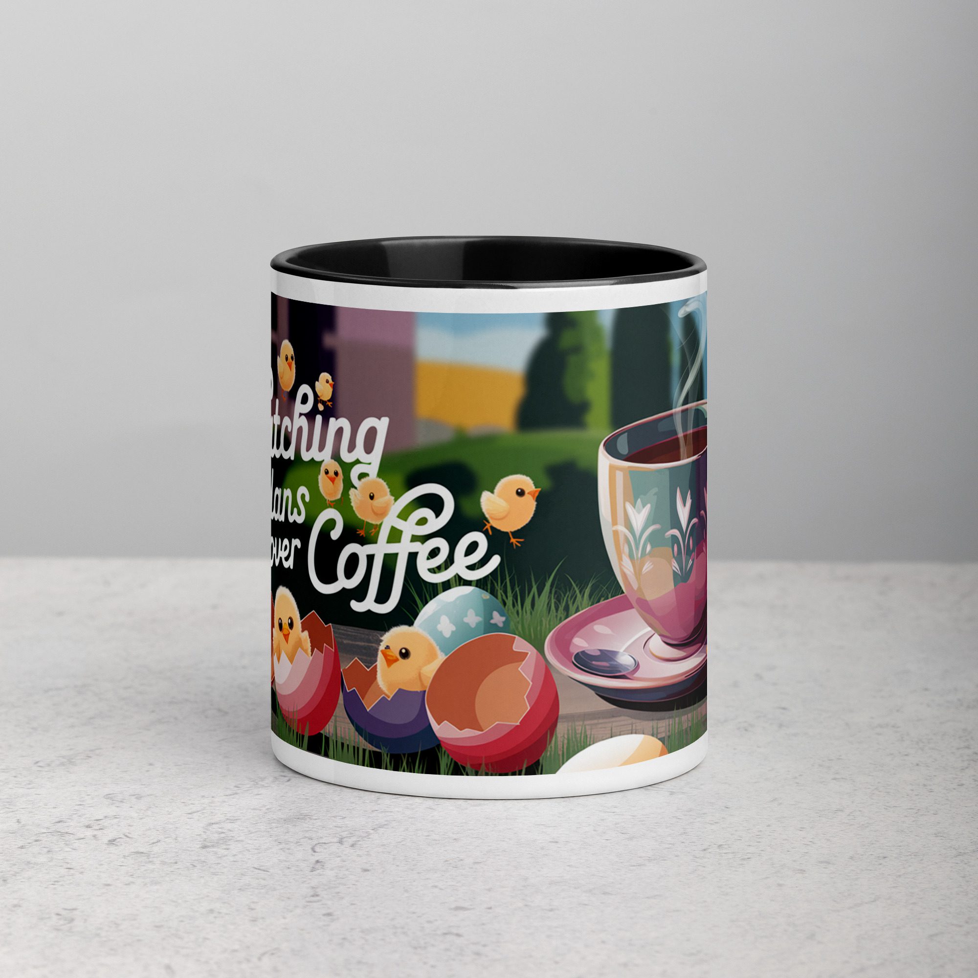 white-ceramic-mug-with-color-inside-black-11-oz-front-671d031f27977.jpg Hatching Plans Over Coffee Easter Mug - Image 1