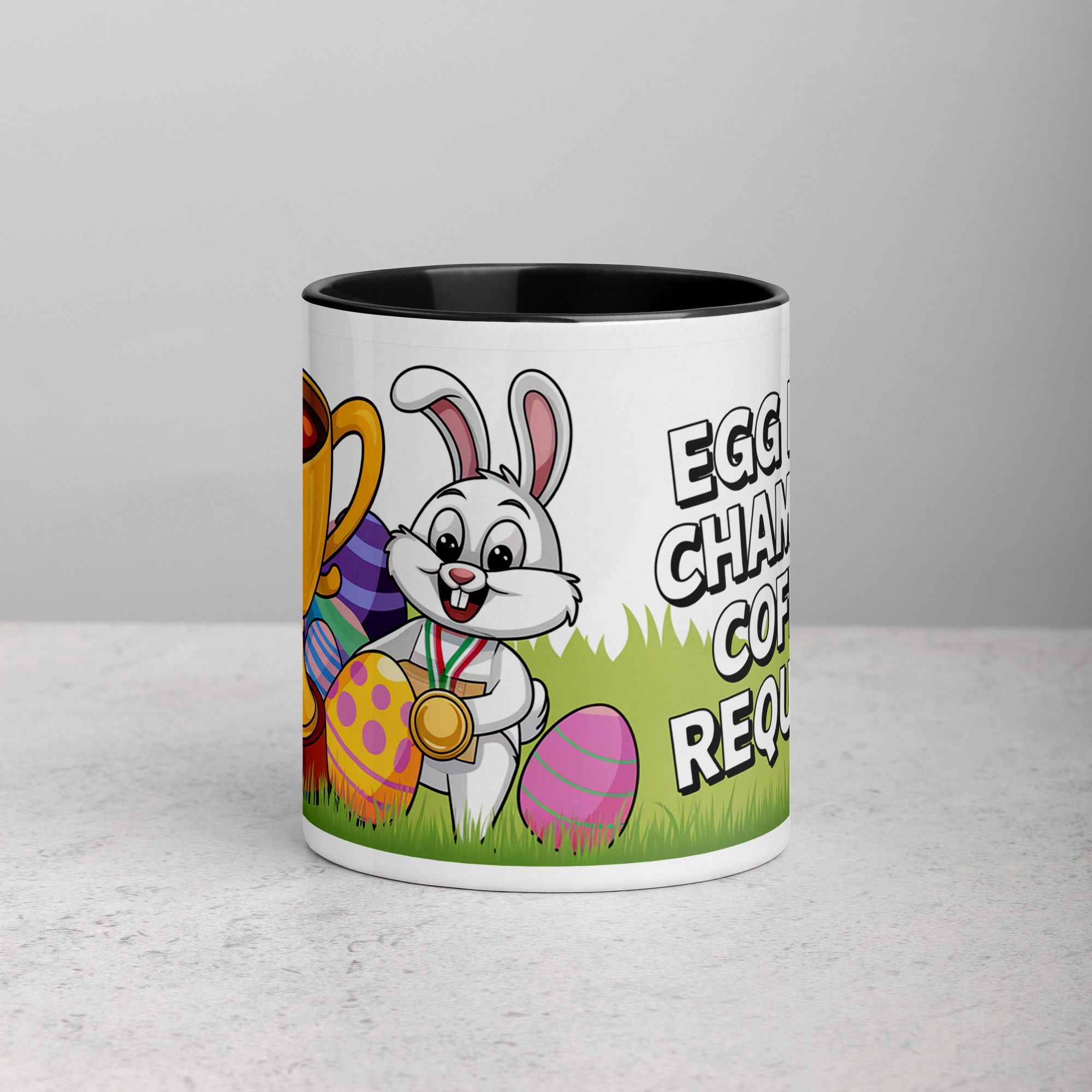 white-ceramic-mug-with-color-inside-black-11-oz-front-671d044240b20.jpg Egg Hunt Champion, Coffee Required Easter Mug - Image 1