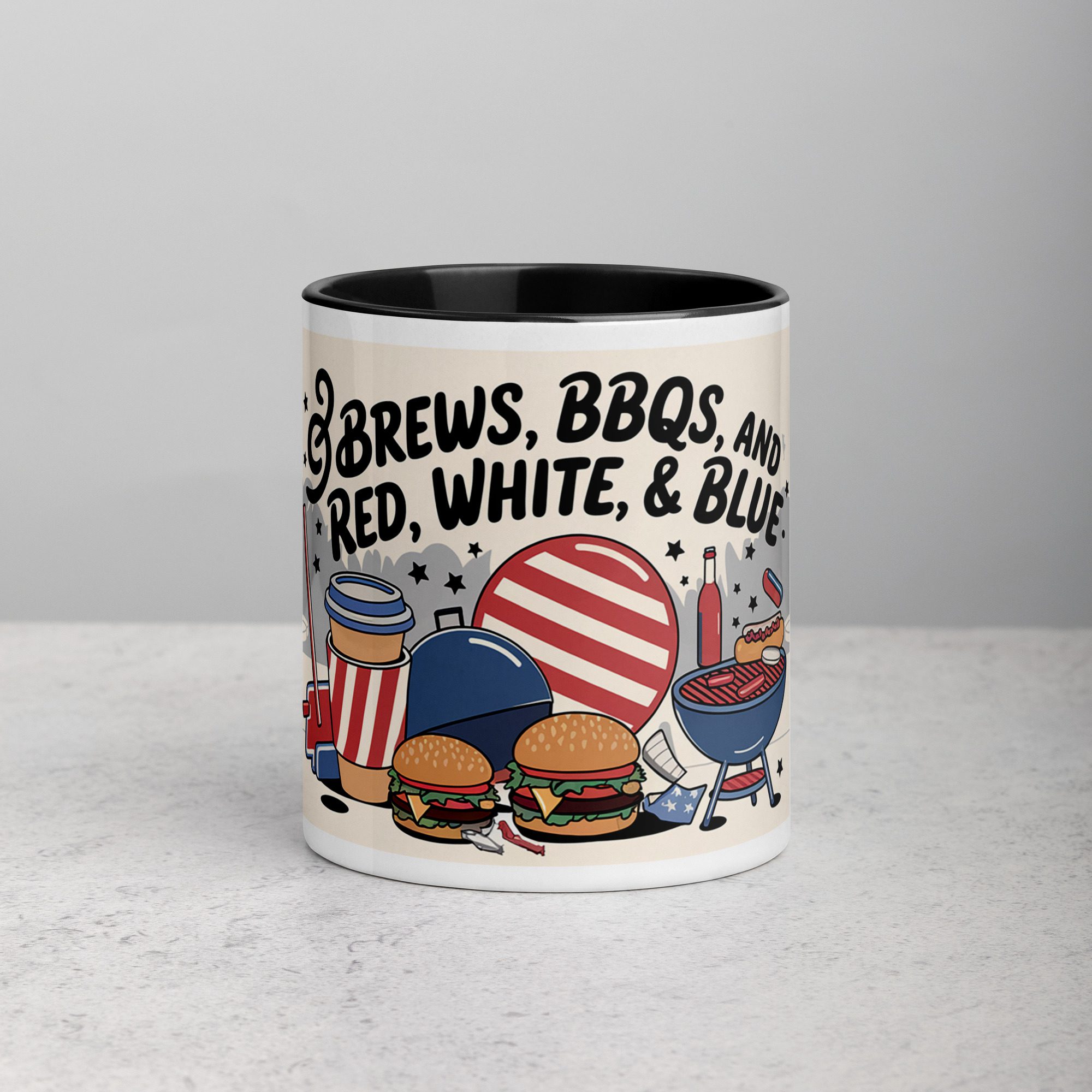 white-ceramic-mug-with-color-inside-black-11-oz-front-6720f09379524.jpg Brews, BBQs, & Red, White, & Blue Coffee Mug - Image 1