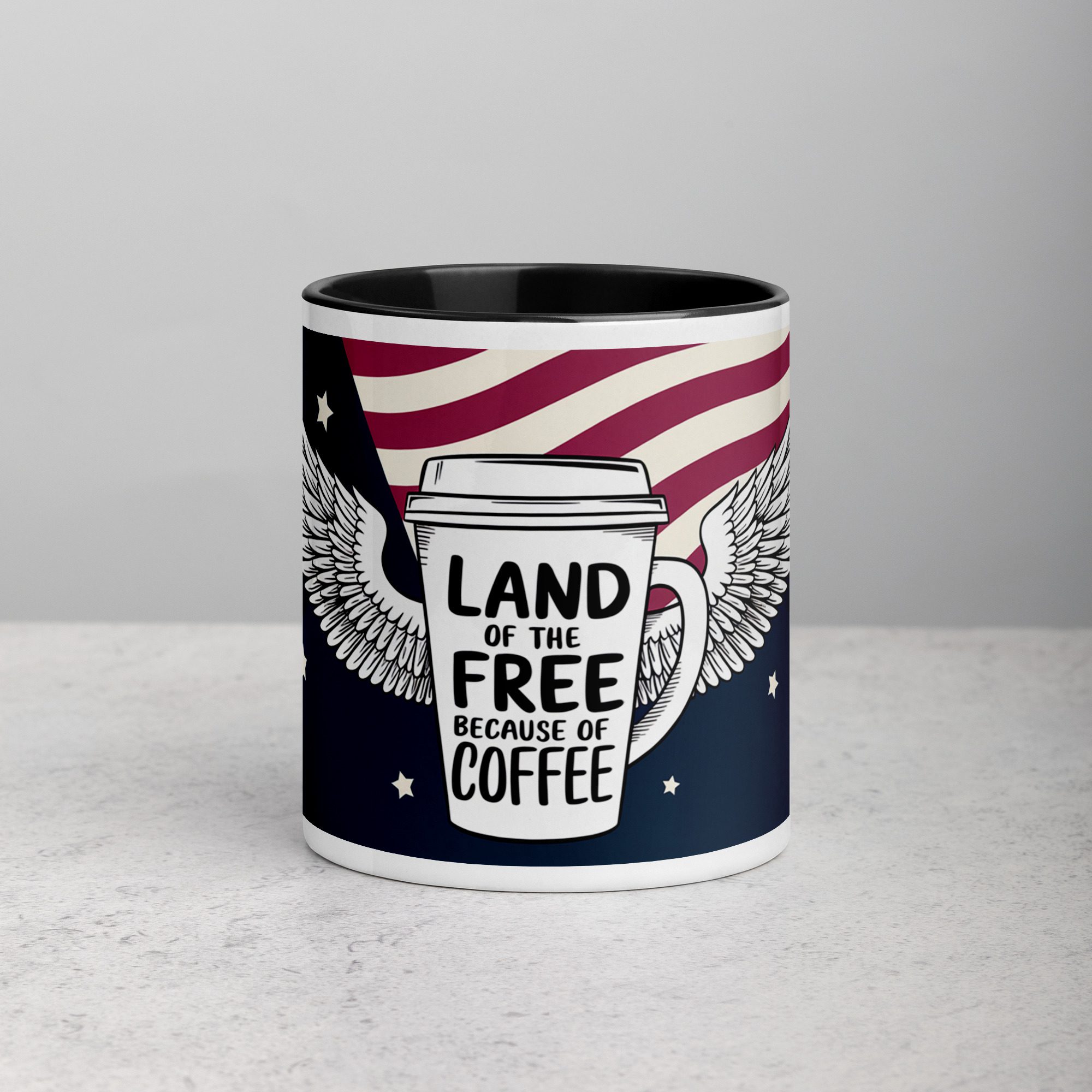 white-ceramic-mug-with-color-inside-black-11-oz-front-6720f3f33bfb5.jpg Land of the Free, Because of Coffee Mug - Image 1