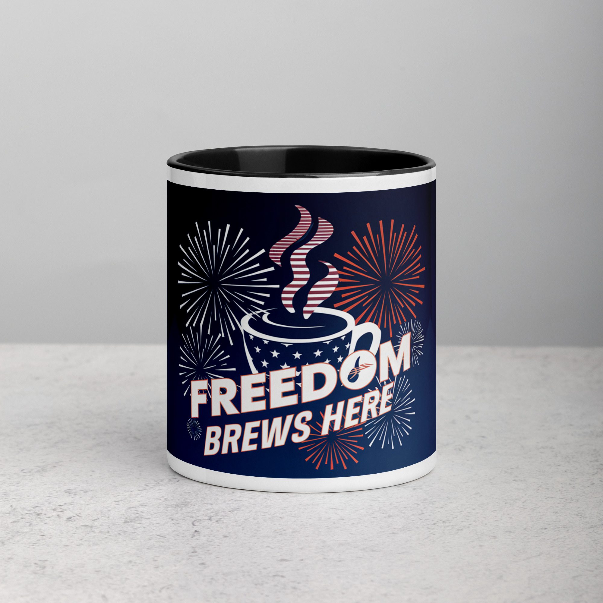 white-ceramic-mug-with-color-inside-black-11-oz-front-6720fa6224552.jpg Freedom Brews Here Independence Day Mug - Image 1