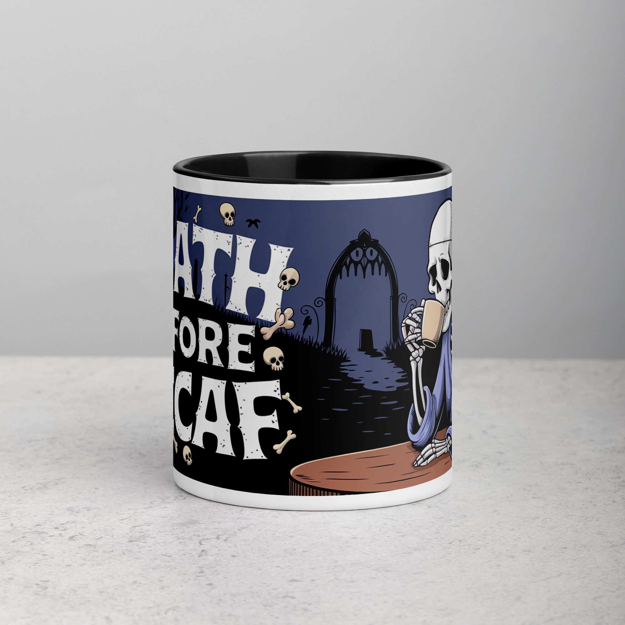 white-ceramic-mug-with-color-inside-black-11-oz-front-6721021f3c62a.jpg Death Before Decaf Halloween Coffee Mug - Image 1