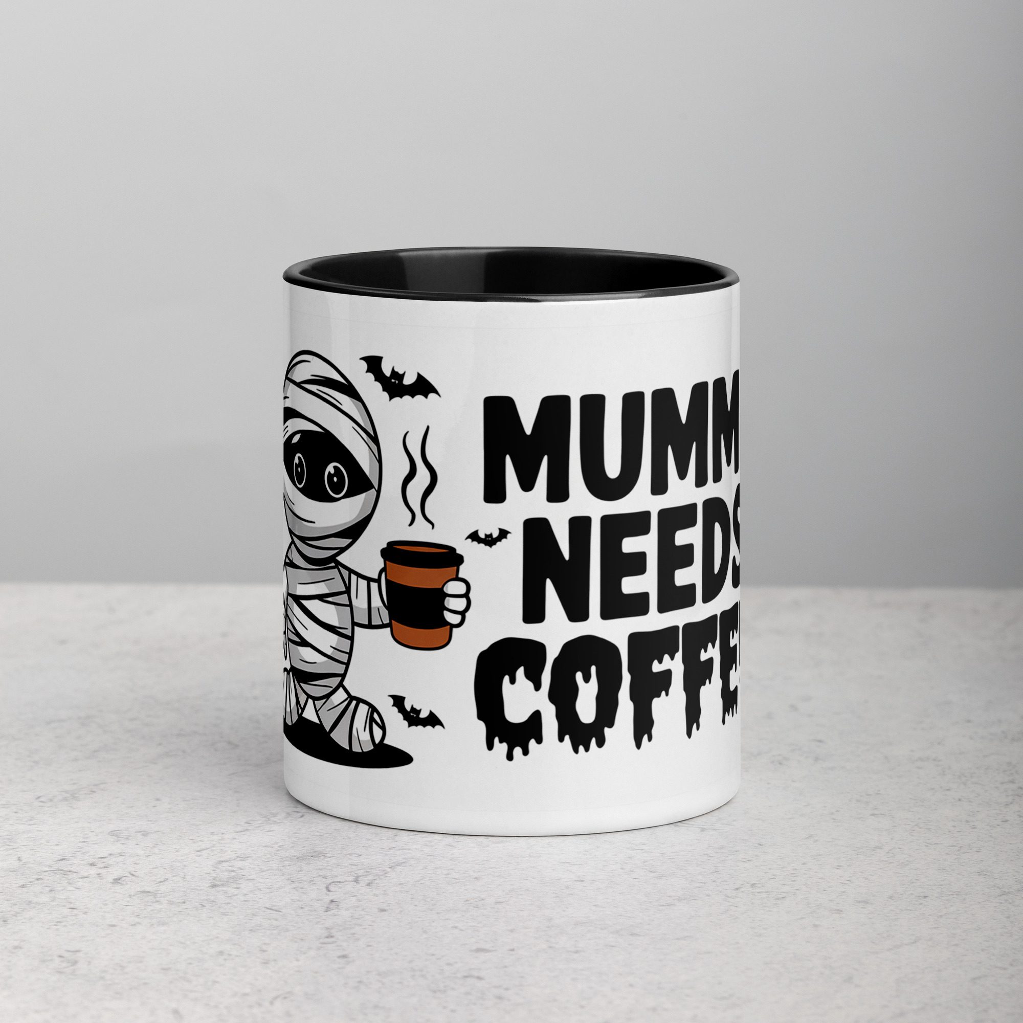white-ceramic-mug-with-color-inside-black-11-oz-front-67210970c9a9b.jpg Mummy Needs Coffee Halloween Mug - Image 1