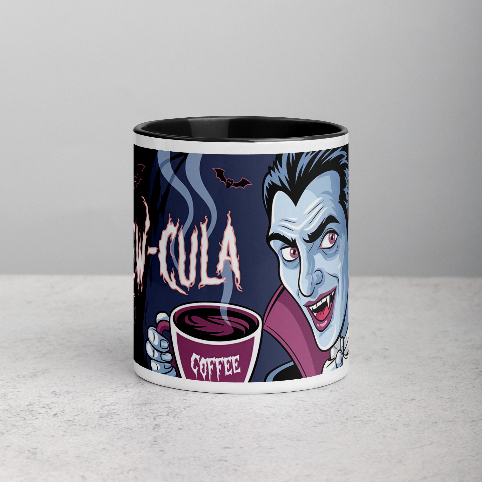 white-ceramic-mug-with-color-inside-black-11-oz-front-67210b0b088b9.jpg Brew-cula Halloween Dracula Coffee Mug - Image 1