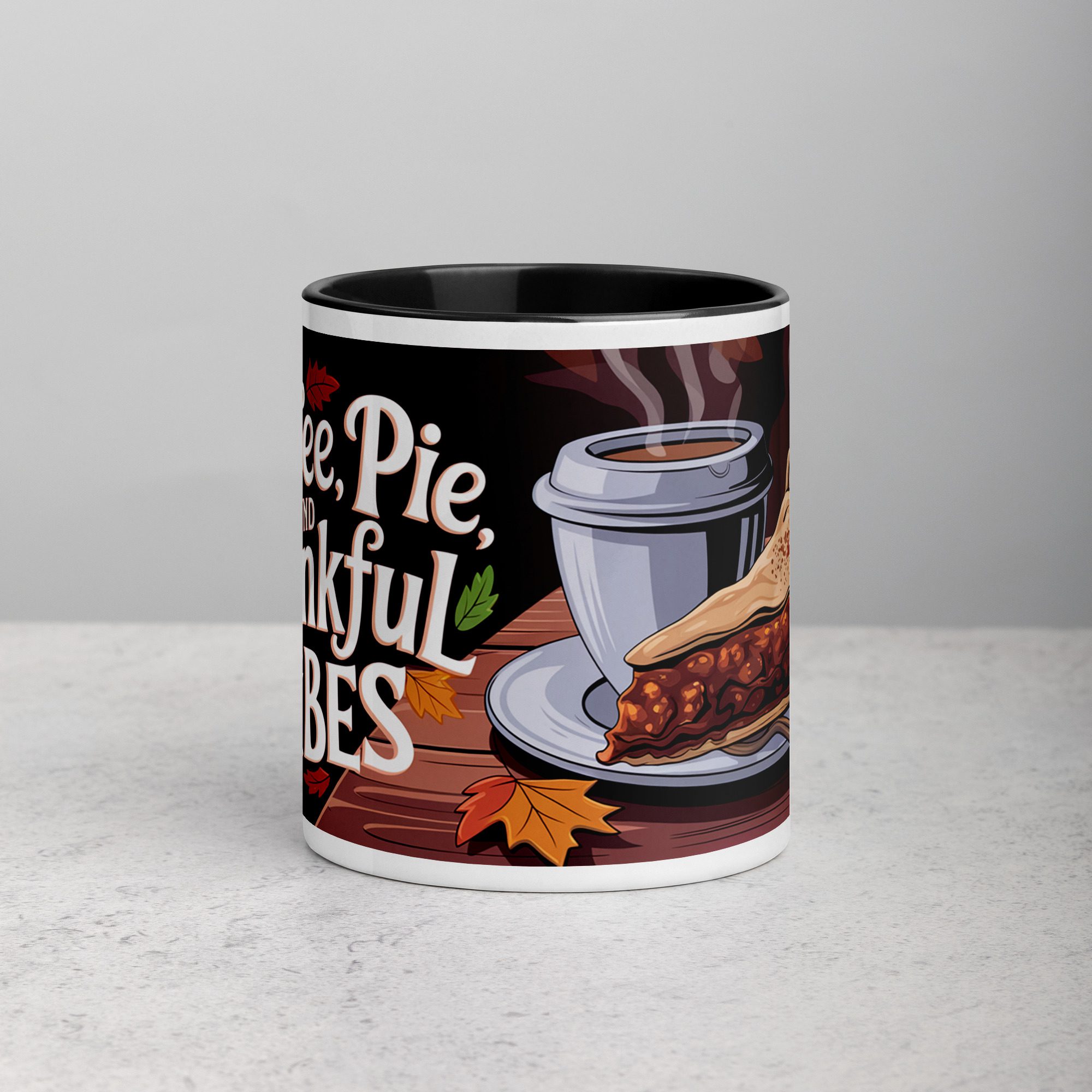 white-ceramic-mug-with-color-inside-black-11-oz-front-67212d02aa802.jpg Coffee, Pie, & Thankful Vibes Mug - Image 1