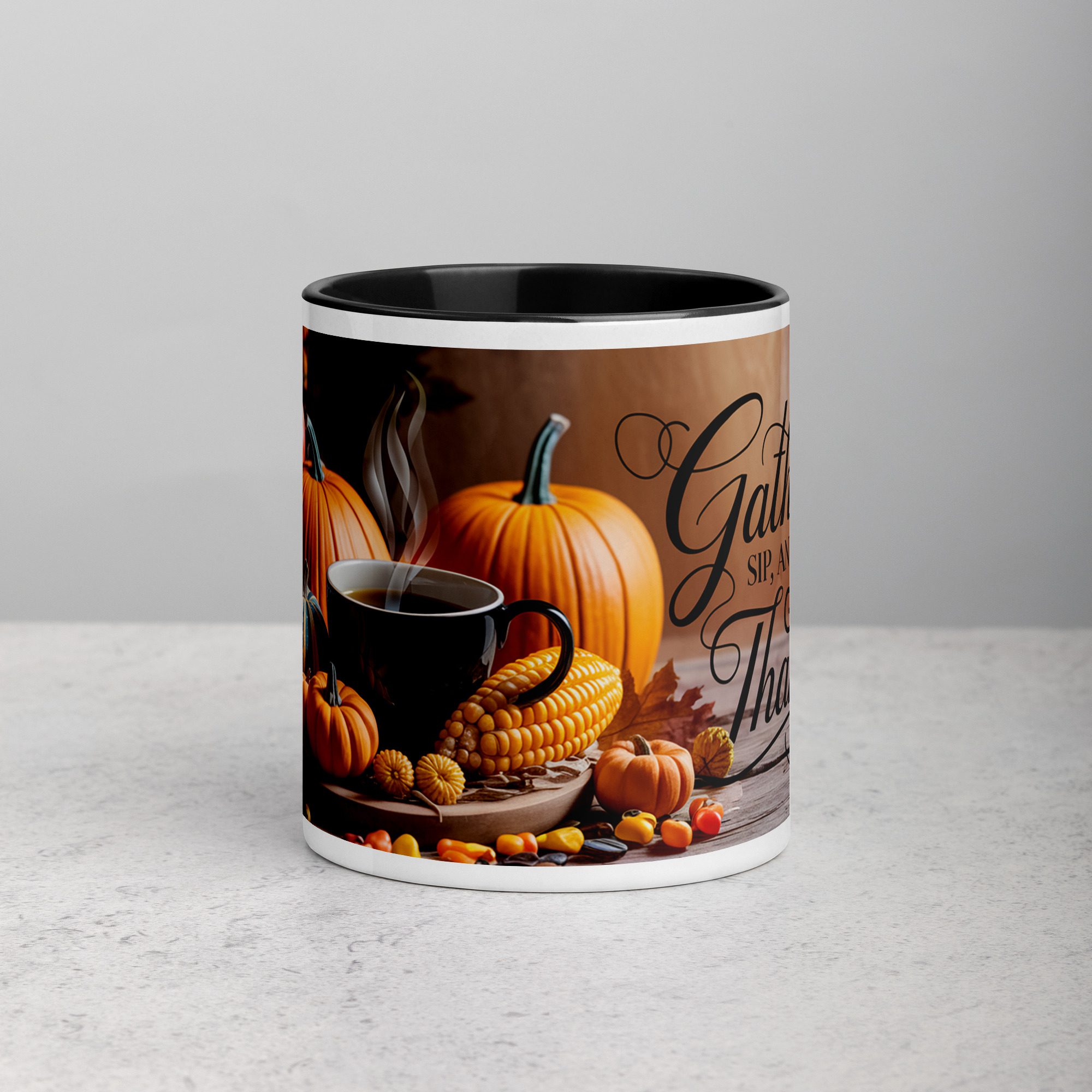 white-ceramic-mug-with-color-inside-black-11-oz-front-6721334510196.jpg Gather, Sip, and Give Thanks Coffee Mug - Image 1