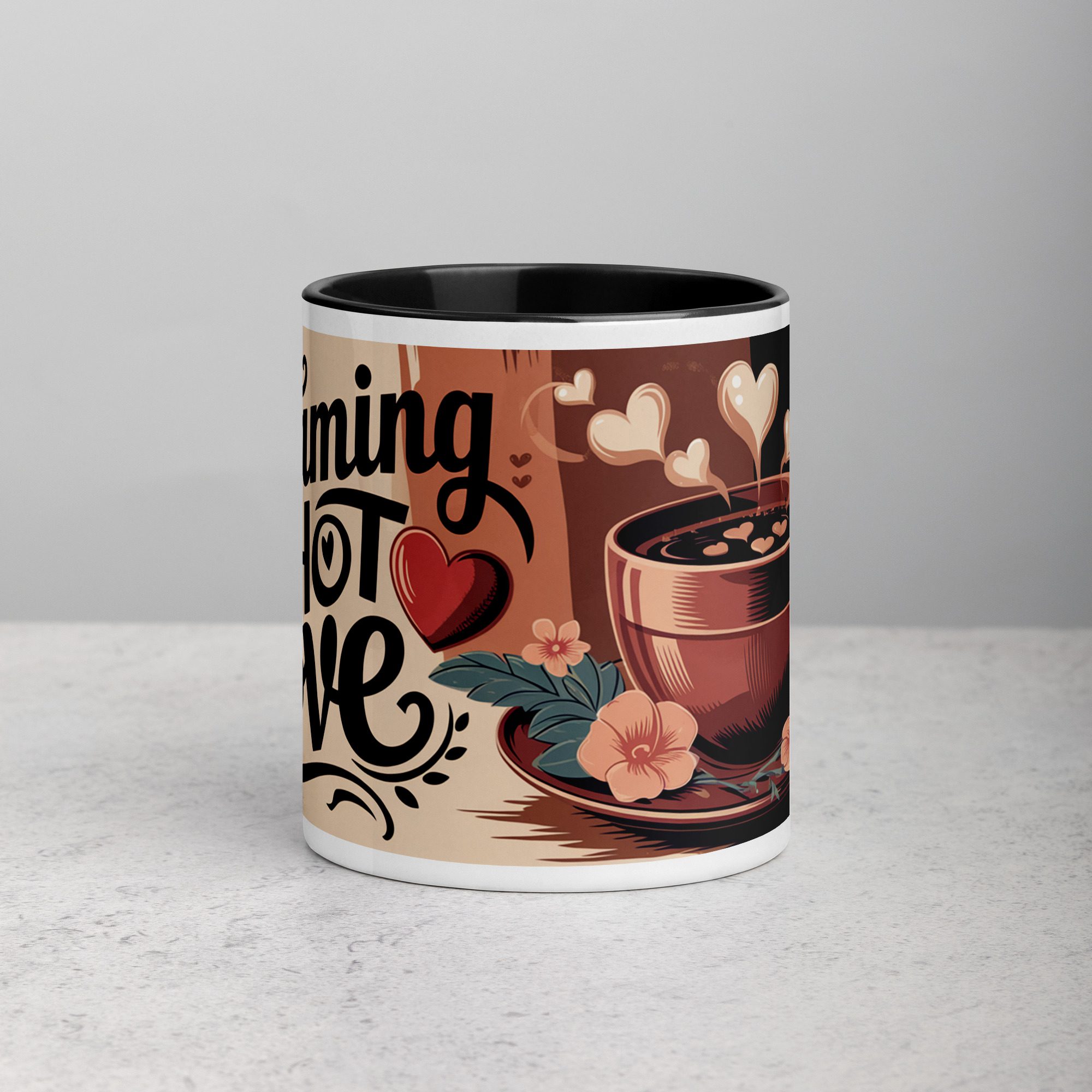 white-ceramic-mug-with-color-inside-black-11-oz-front-672251eeb67f6.jpg Steaming Hot Love Valentines Day Coffee Mug - Image 1