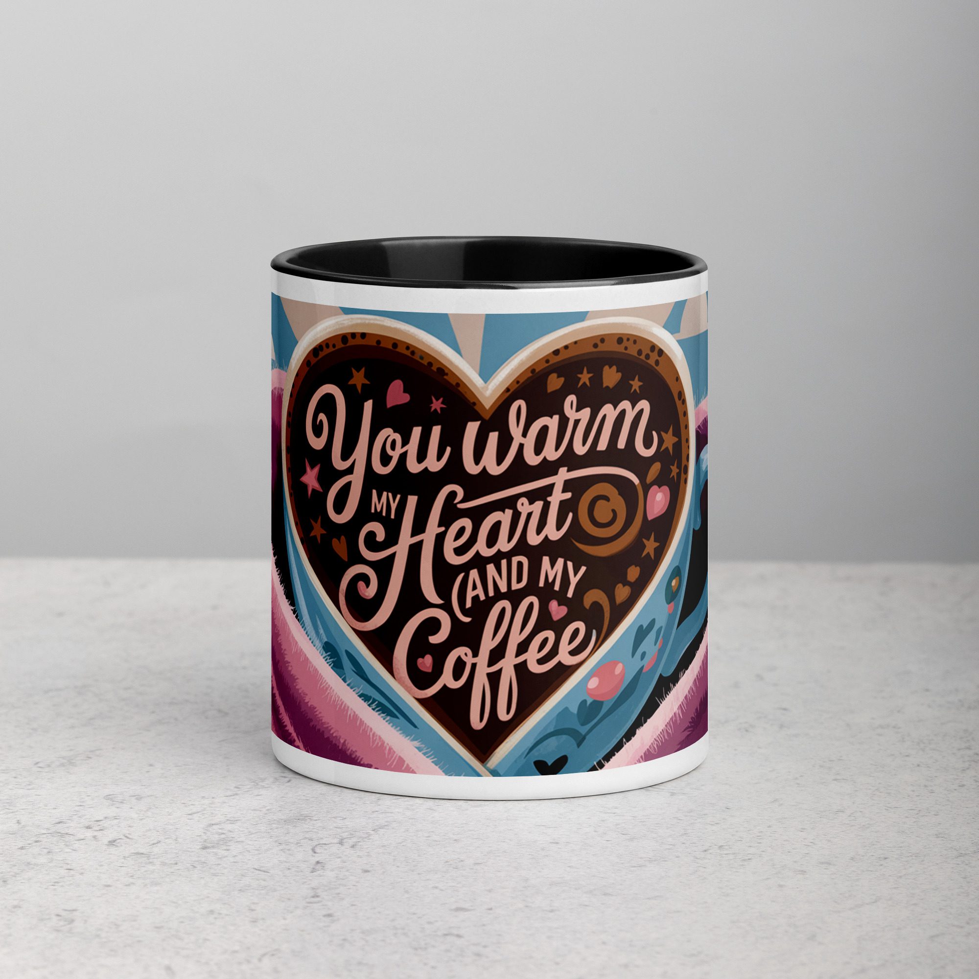 white-ceramic-mug-with-color-inside-black-11-oz-front-6722525b146a2.jpg You Warm My Heart (and My Coffee) Mug - Image 1