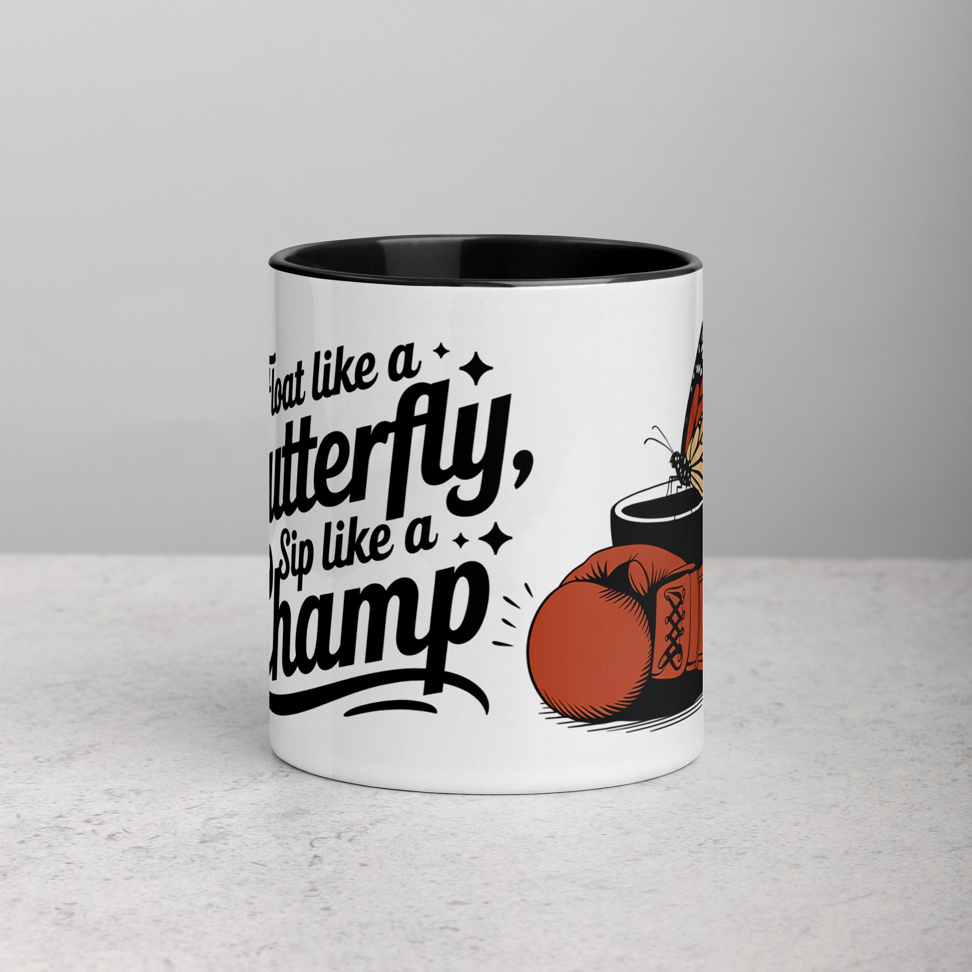 white-ceramic-mug-with-color-inside-black-11-oz-front-67229e13e2cfc.jpg Float Like a Butterfly, Sip Like a Champ Coffee & Tea Mug - Image 1