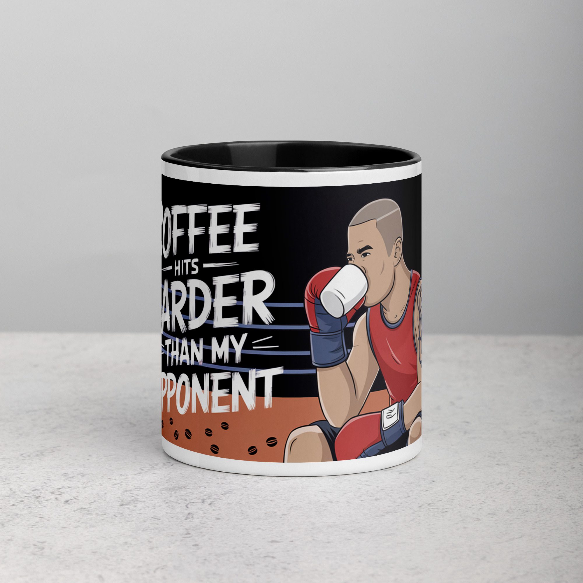 white-ceramic-mug-with-color-inside-black-11-oz-front-6722a21c89cf3.jpg Coffee Hits Harder Than My Opponent Boxing Mug - Image 1