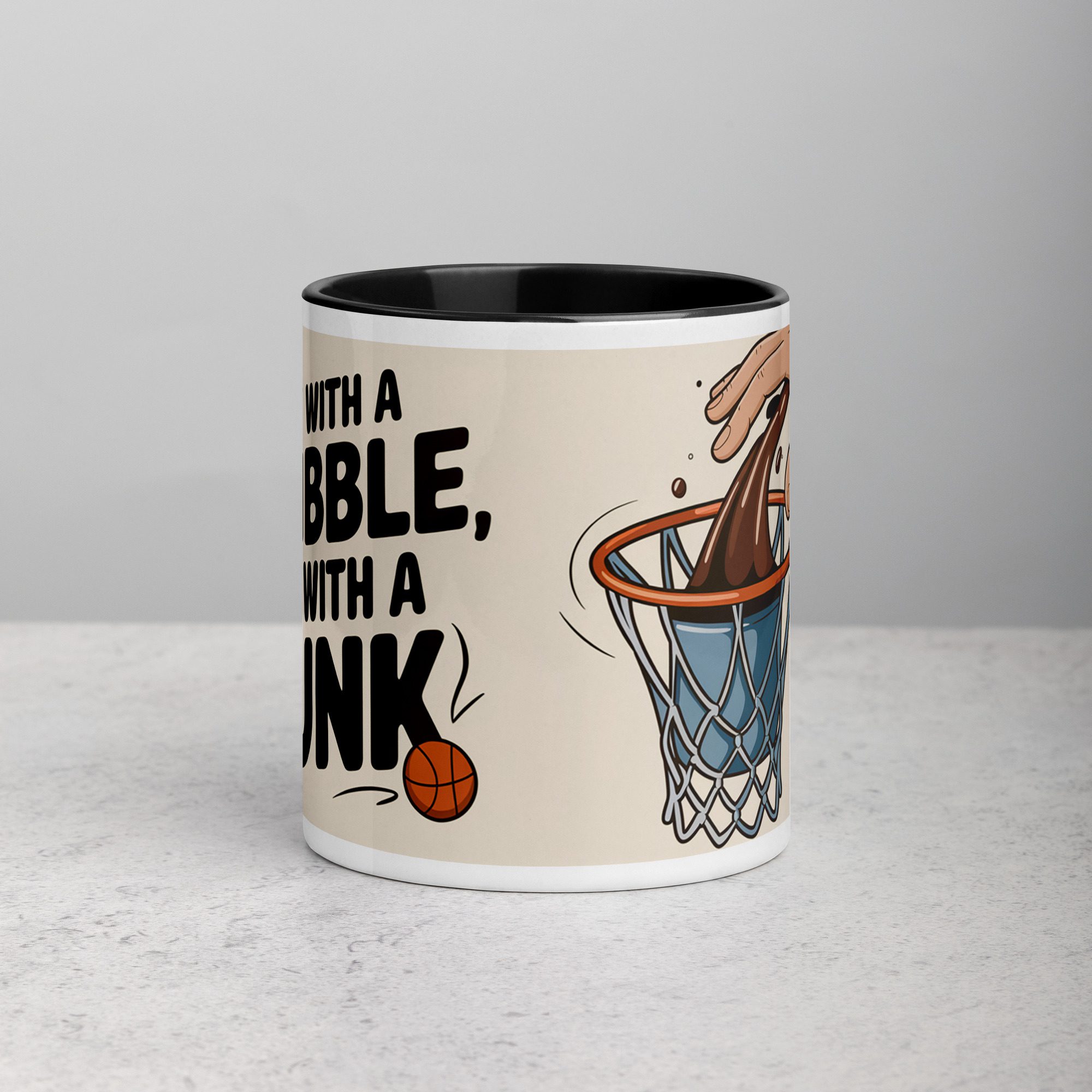 white-ceramic-mug-with-color-inside-black-11-oz-front-6723a1b00dc5d.jpg Start with a Dribble, End with a Dunk Basketball Mug - Image 1