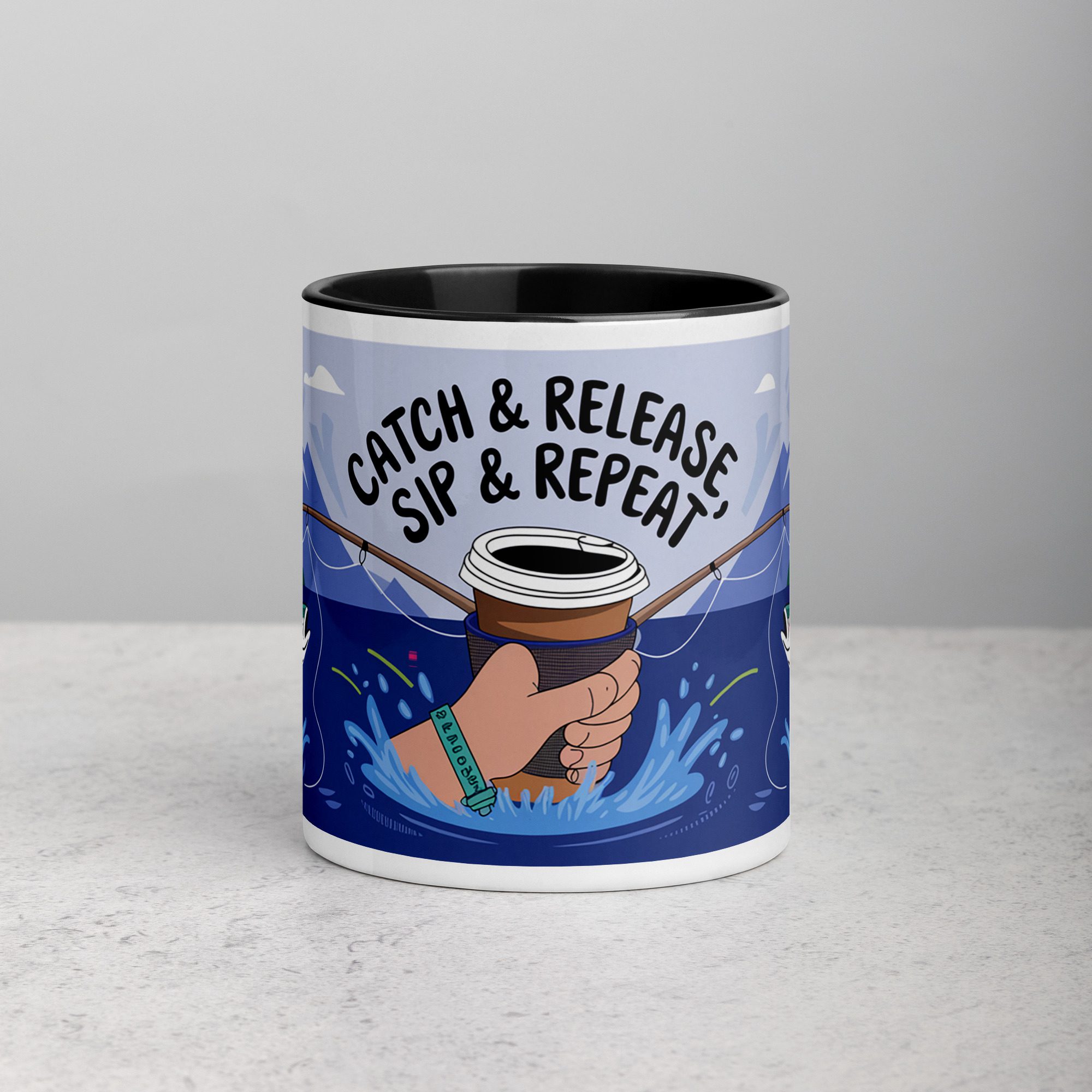 white-ceramic-mug-with-color-inside-black-11-oz-front-6723d4cbc7d65.jpg Catch & Release, Sip & Repeat Fishing Mug - Image 1