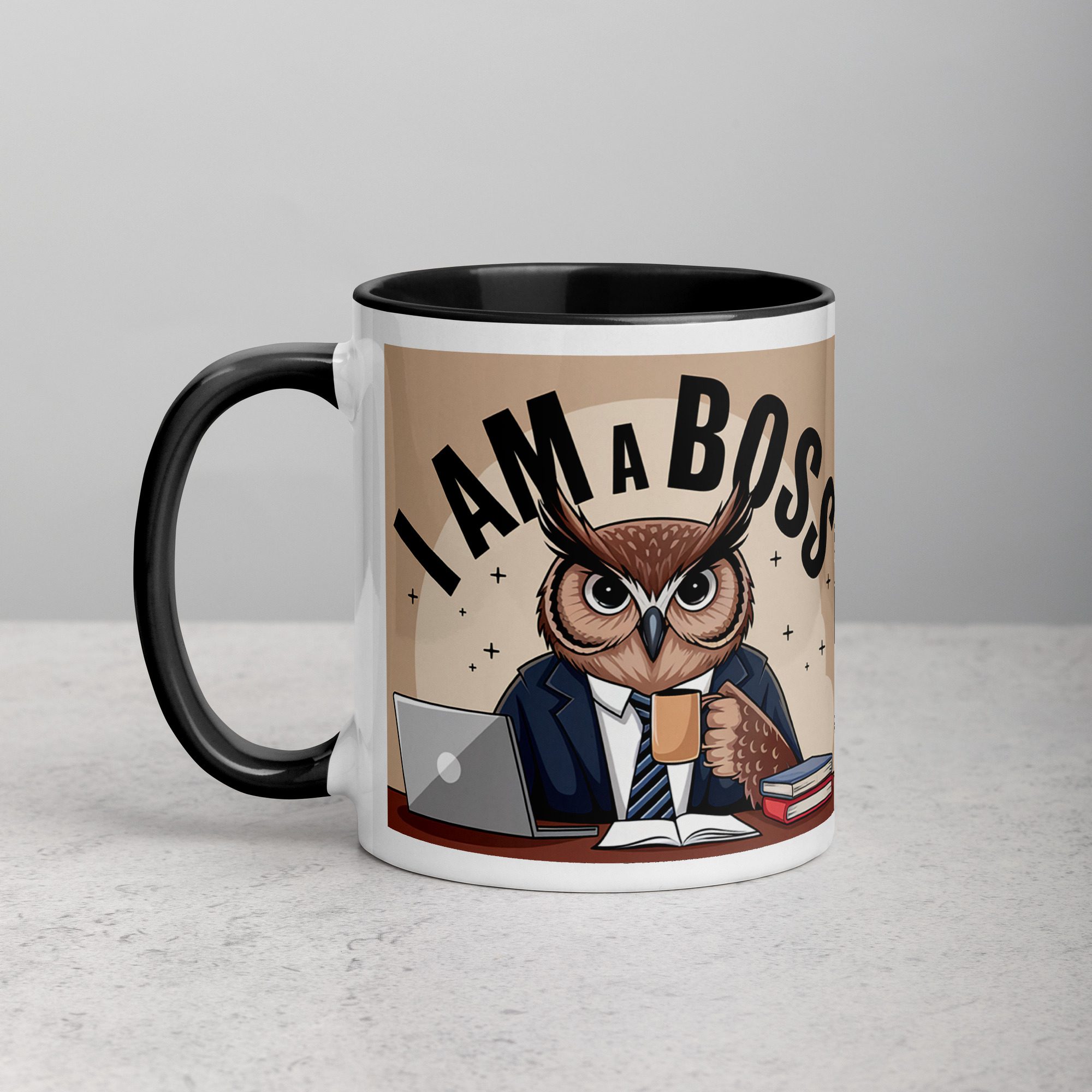 white-ceramic-mug-with-color-inside-black-11-oz-left-6715dd389a6c3.jpg I am a Boss Owl Coffee Mug & Tea Cup - Image 1