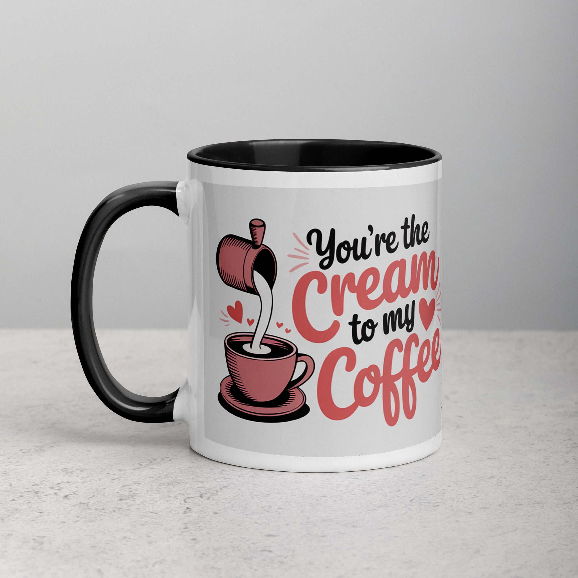 white-ceramic-mug-with-color-inside-black-11-oz-left-67224910c3b2a.jpg You’re the Cream to My Coffee Valentines Day Mug - Image 1