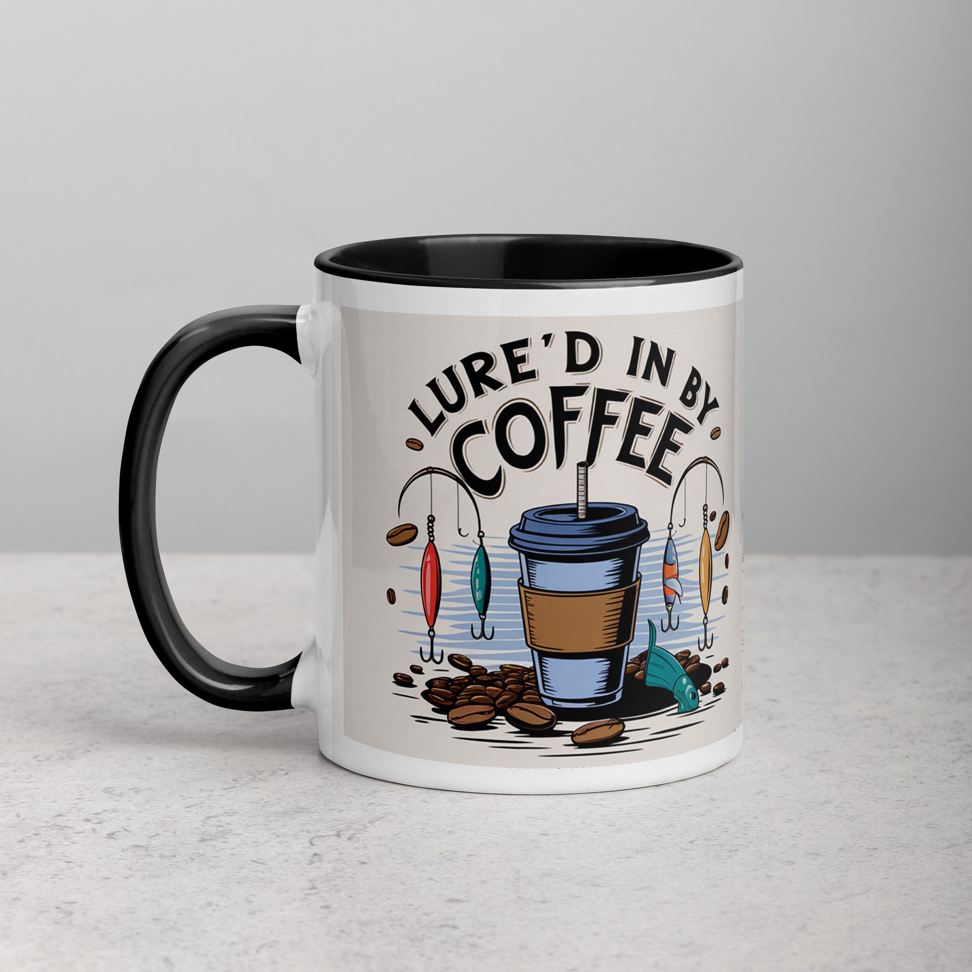 white-ceramic-mug-with-color-inside-black-11-oz-left-6723d4199efdf.jpg Lure’d in by Coffee Fishing Mug - Image 1