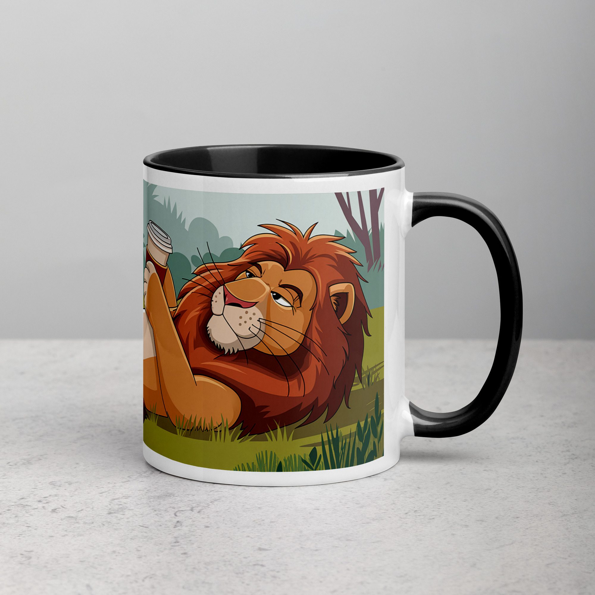 white-ceramic-mug-with-color-inside-black-11-oz-right-67131d0882e85.jpg Lion Around Until My Coffee Kicks in Lion Mug - Image 1