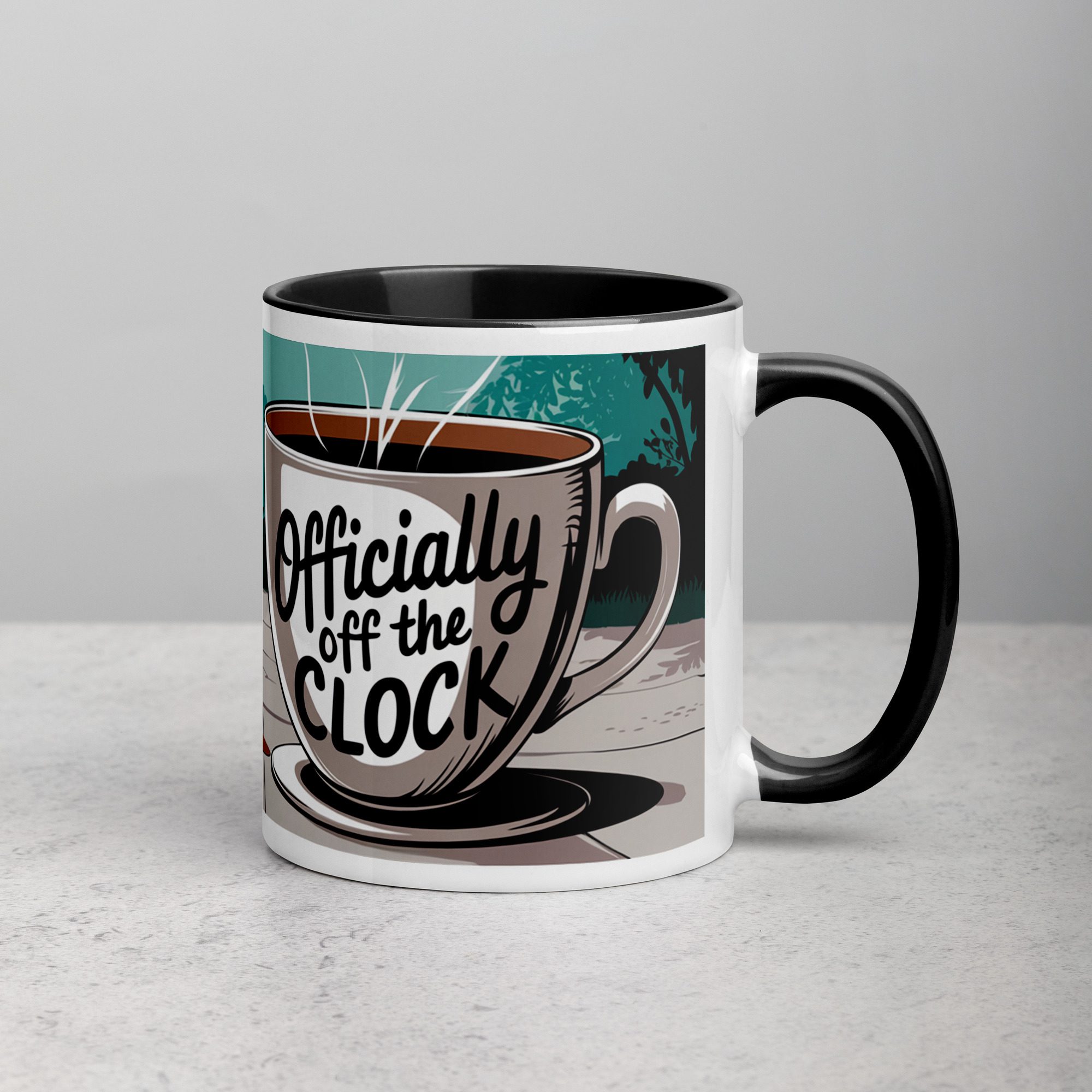 white-ceramic-mug-with-color-inside-black-11-oz-right-671a8373b8cf3.jpg Officially Off the Clock! Retirement Coffee Mug - Image 1