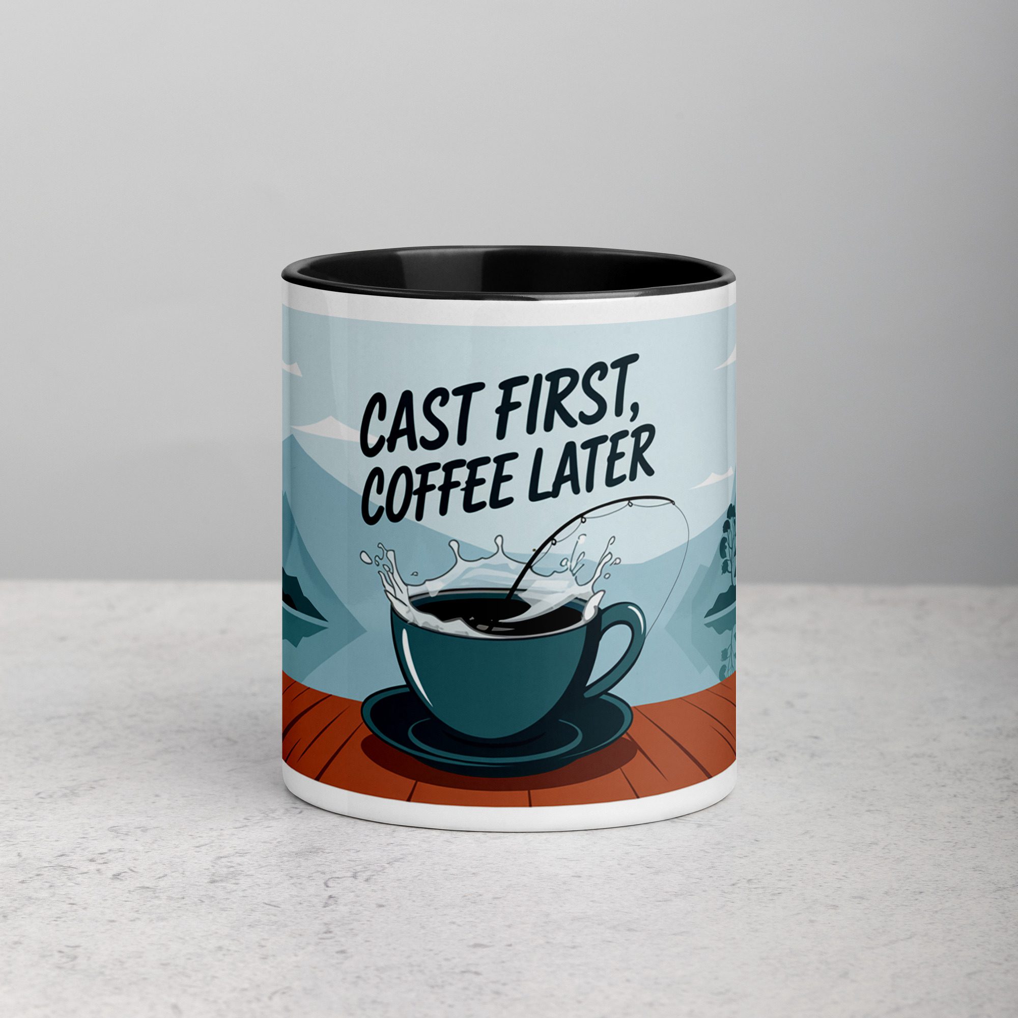 white-ceramic-mug-with-color-inside-black-11-oz-front-67245c91ce6d8.jpg Cast First, Coffee Later Fishing Mug - Image 1
