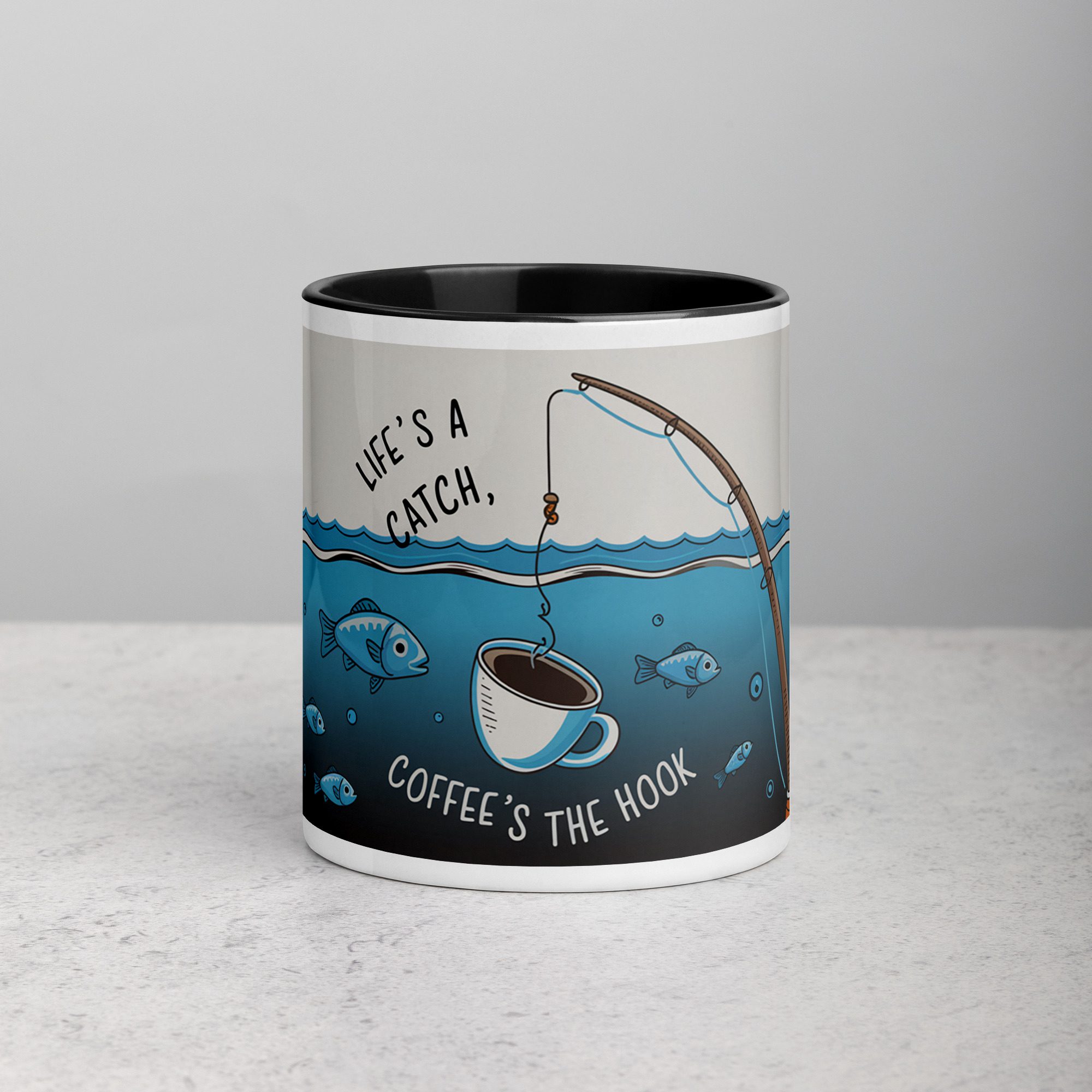 white-ceramic-mug-with-color-inside-black-11-oz-front-67245d7016f37.jpg Life’s a Catch, Coffee’s the Hook Mug - Image 1