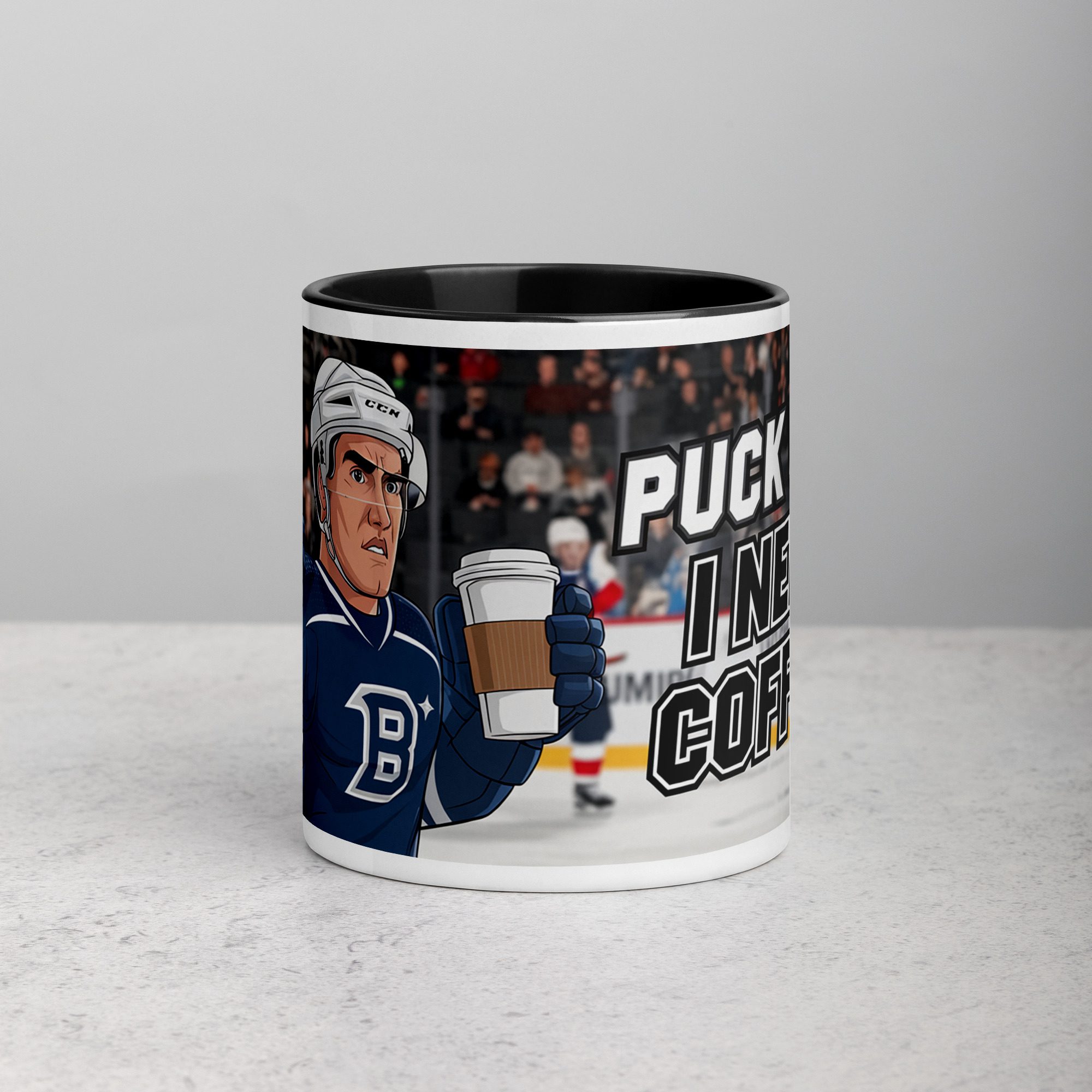 white-ceramic-mug-with-color-inside-black-11-oz-front-672c7691cfe13.jpg Puck Off, I Need Coffee! Hockey Mug - Image 1