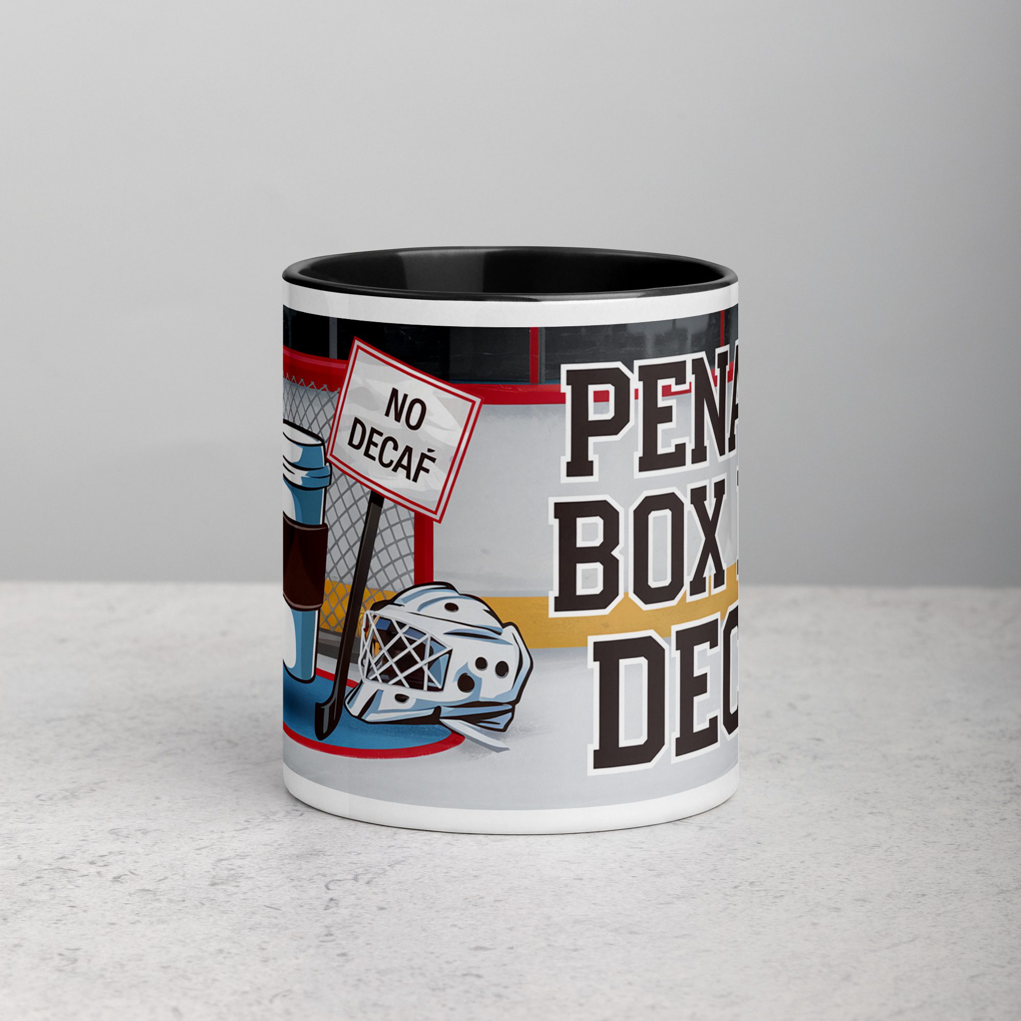 white-ceramic-mug-with-color-inside-black-11-oz-front-672c79077f206.jpg Penalty Box for Decaf Hockey Coffee Mug - Image 1