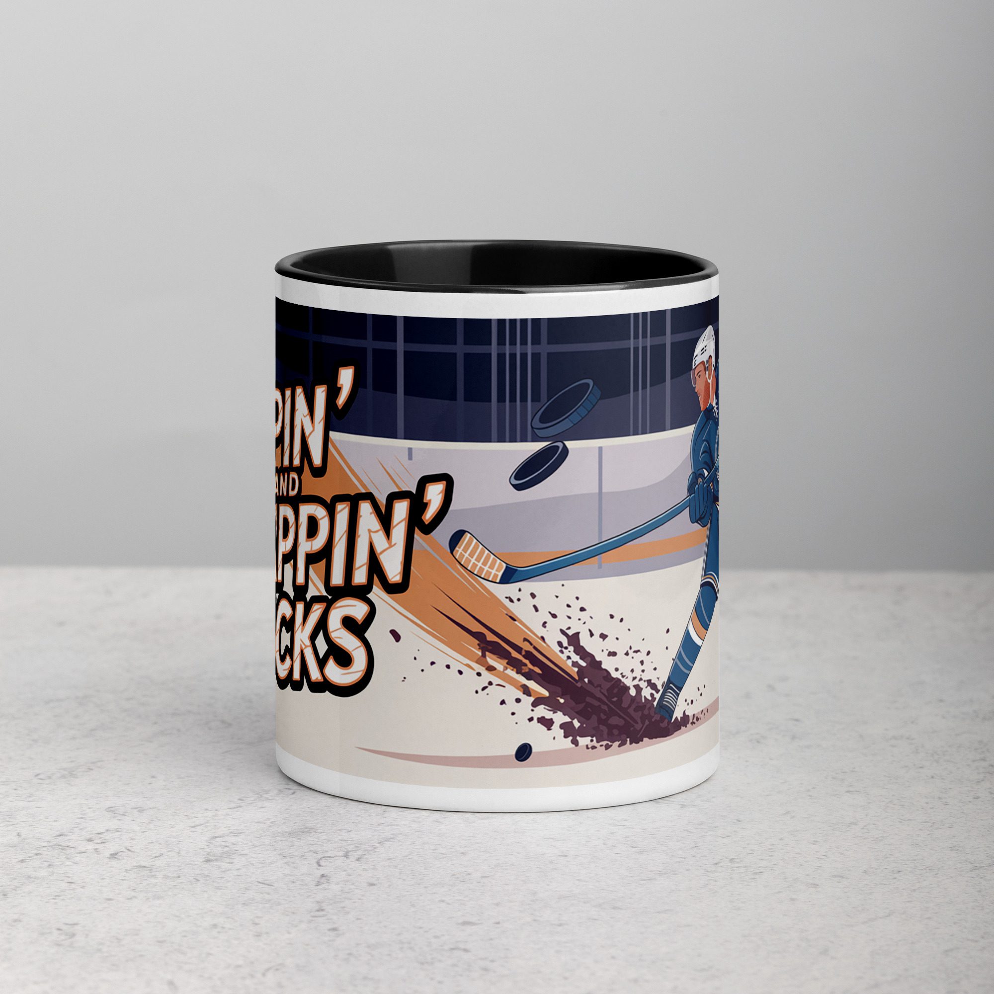 white-ceramic-mug-with-color-inside-black-11-oz-front-672c79f98689e.jpg Sippin' and Slappin' Pucks Hockey Coffee Mug - Image 1