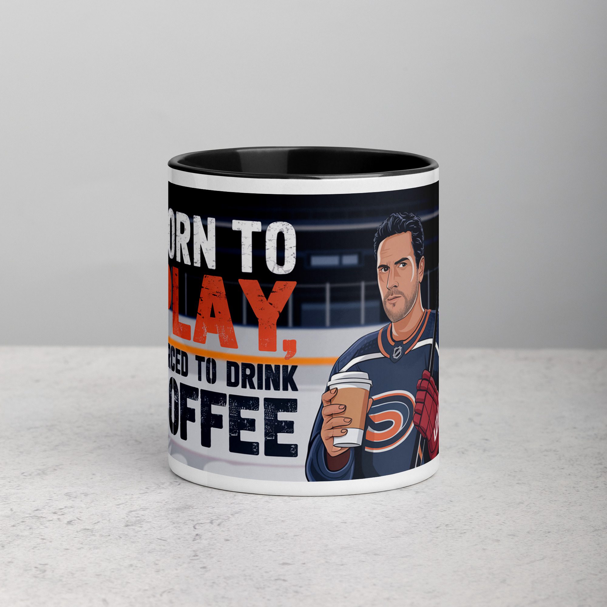 white-ceramic-mug-with-color-inside-black-11-oz-front-672d10b7b6ab5.jpg Born to Play, Forced to Drink Coffee Hockey Mug - Image 1