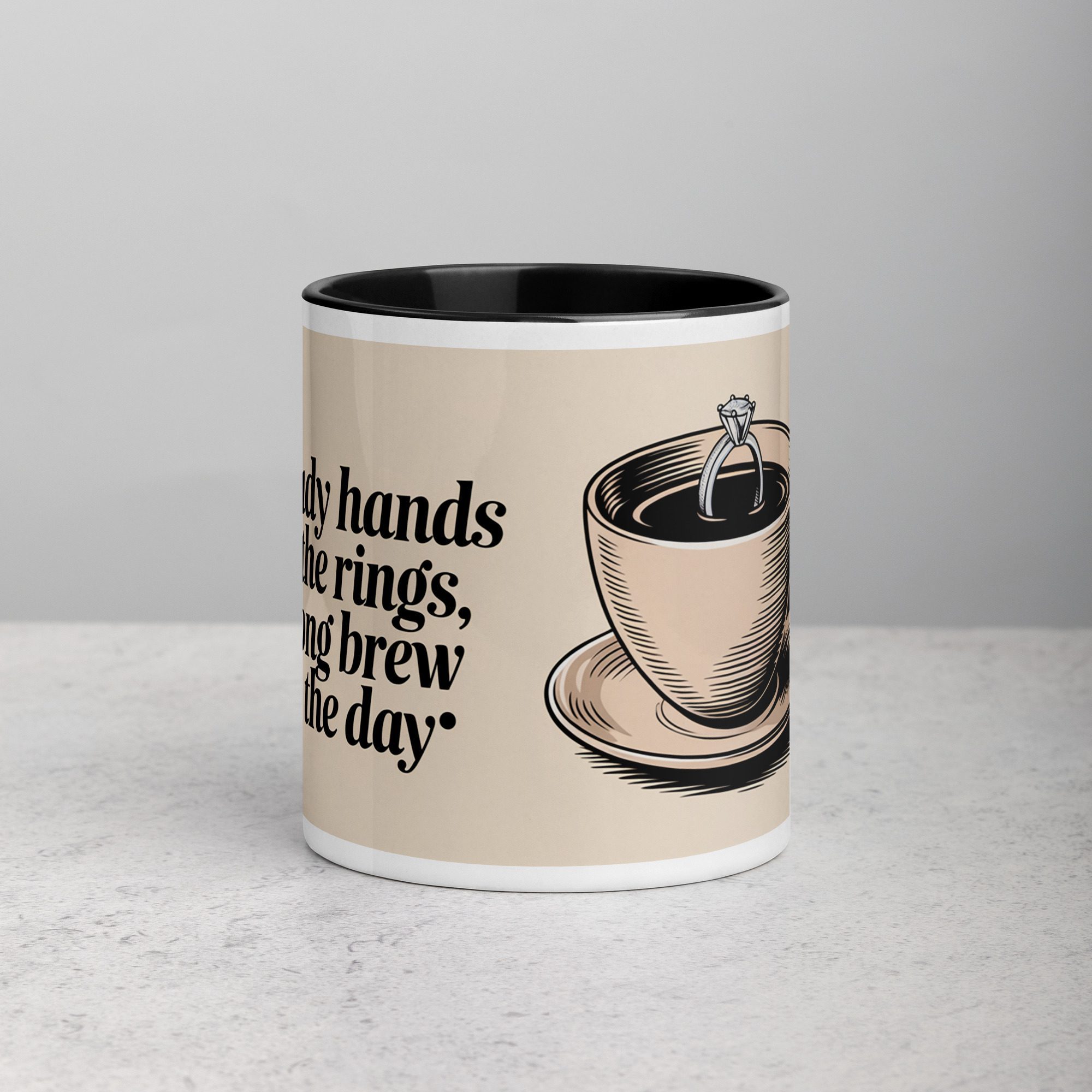 white-ceramic-mug-with-color-inside-black-11-oz-front-67340a2e16081.jpg Steady Hands for the Rings, Strong Brew for the Day Mug - Image 1