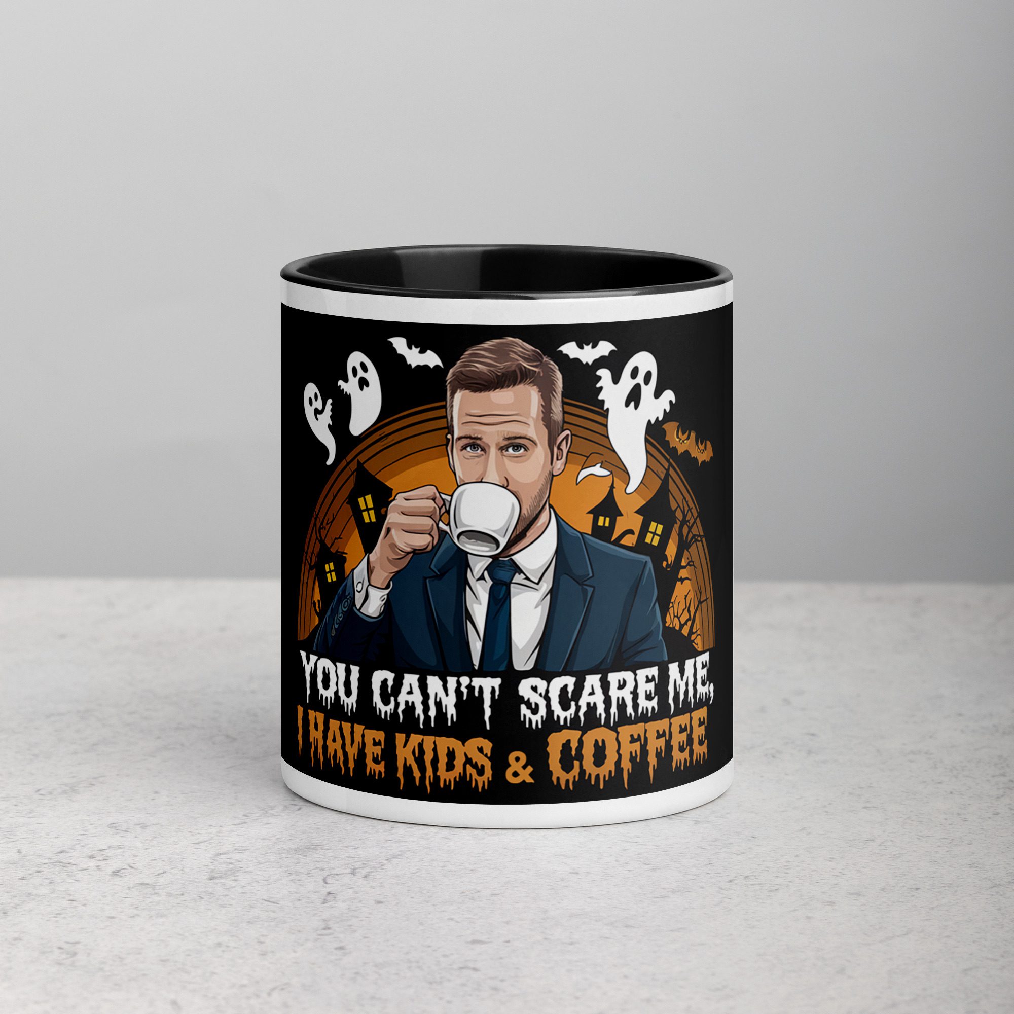 white-ceramic-mug-with-color-inside-black-11-oz-front-673dff74cc2cf.jpg You Can't Scare Me, I Have Kids & Coffee Dad Mug - Image 1