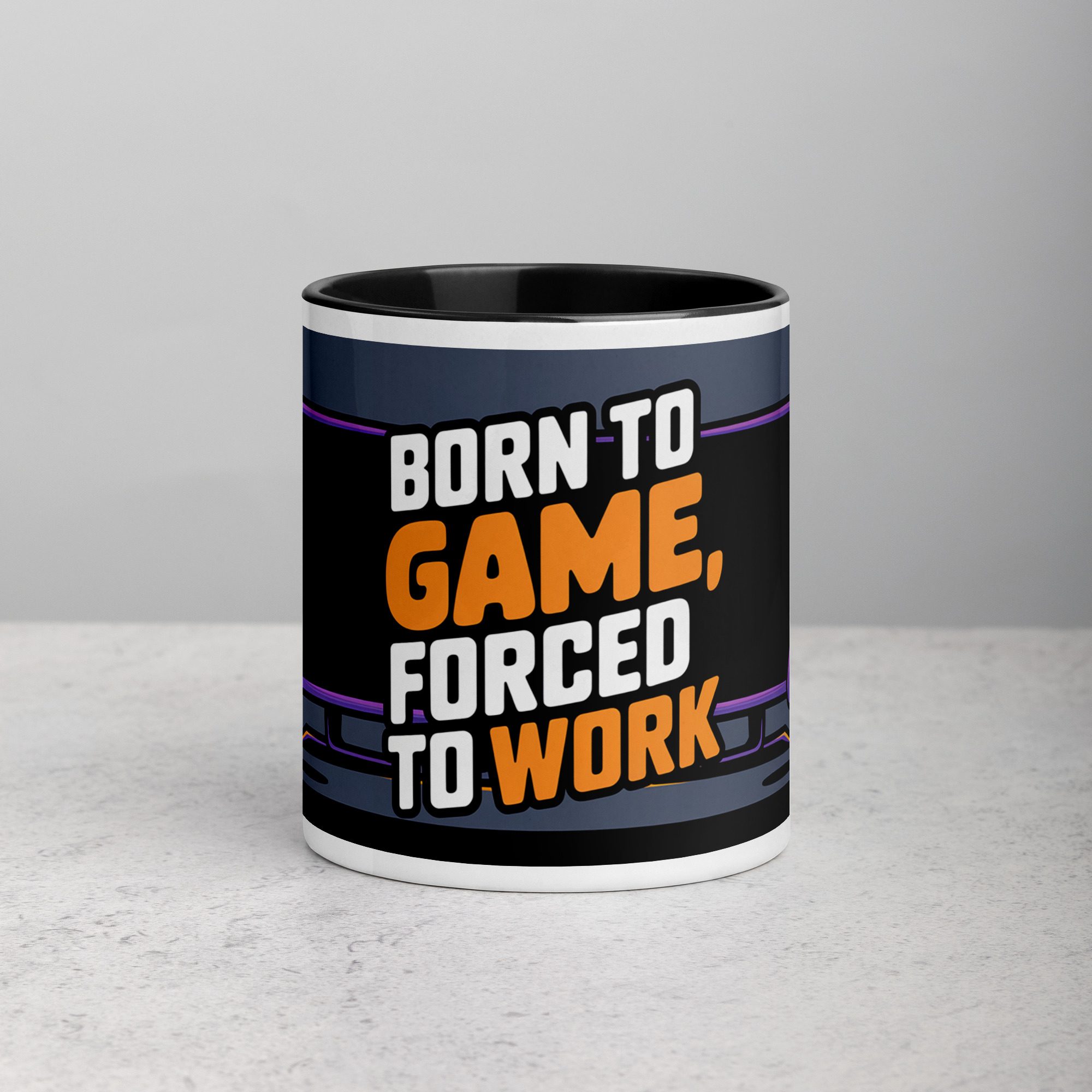 white-ceramic-mug-with-color-inside-black-11-oz-front-673e0b9508562.jpg Born to Game, Forced to Work Gamer Coffee Mug - Image 1