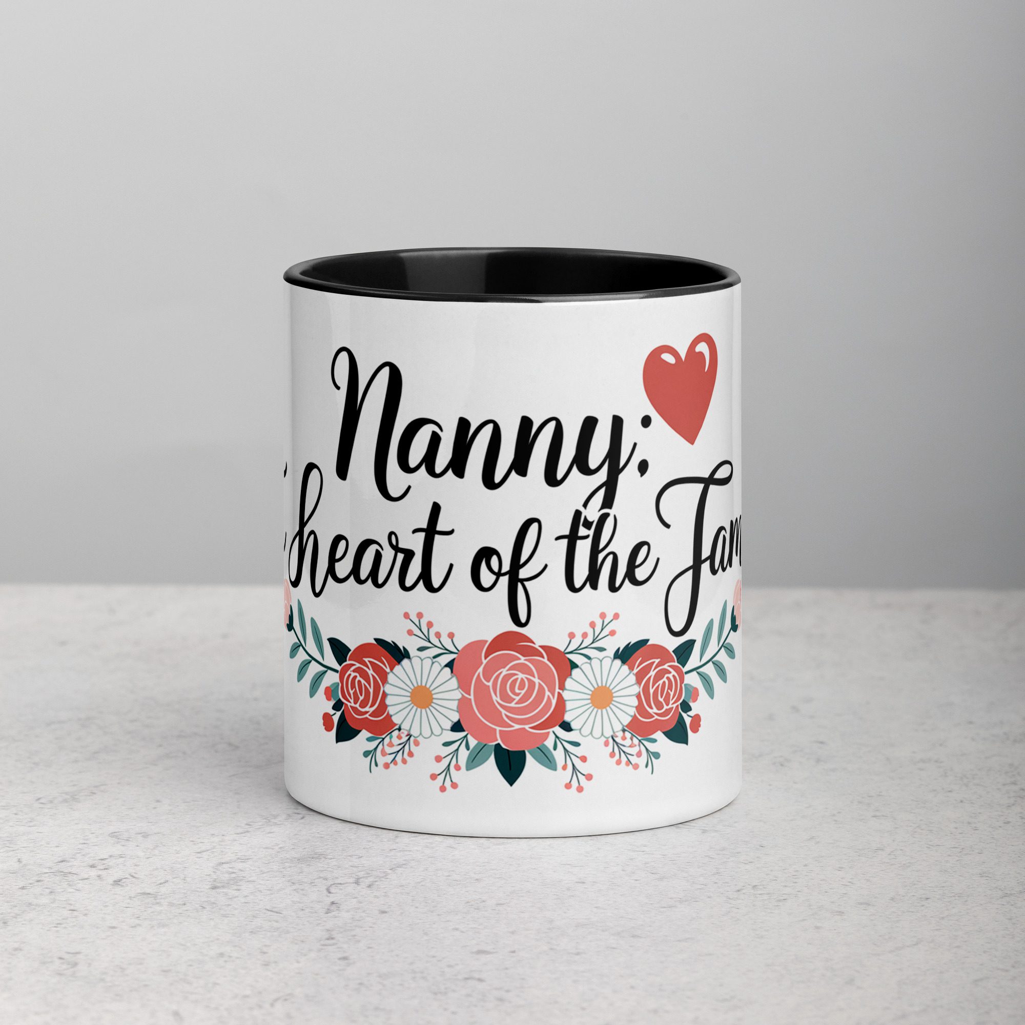 white-ceramic-mug-with-color-inside-black-11-oz-front-673e5251e17f5.jpg Nanny: The Heart of the Family Coffee Mug - Image 1
